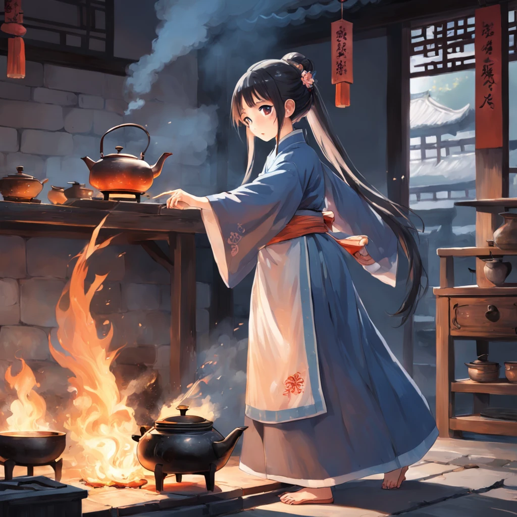Anime girl in Hanfu standing next to a teapot, Boiling a teapot over charcoal fire on the stove, Side Body,stove,charcoal fire,teapot,author:Qu Leilei, author:Chen Daofu, author:Xia Gui, author:Zou Yigui, by Yang J, author:Qiu Ying, author:Cheng Jiasui, author:Xu Xi, author:Xia Yong, author:Yao Tingmei, Drinking tea, By Li Song