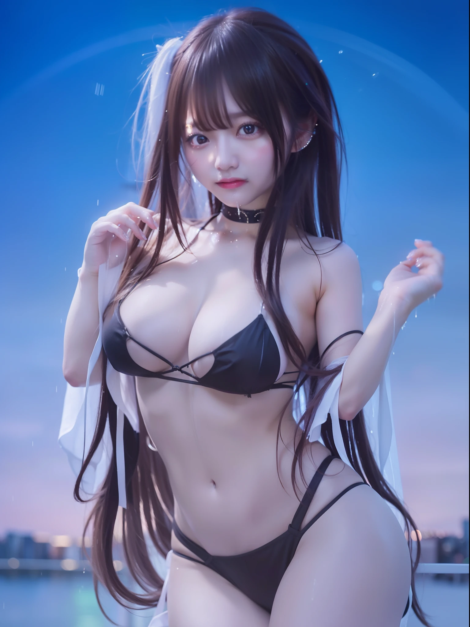 (8k, RAW photo, best quality, masterpiece:1.2), (realistic, photo-realistic:1.37),1girl,cityscape, night, wet, professional lighting, photon mapping, radiosity, Korean Doll,torn , large breasts, white dress