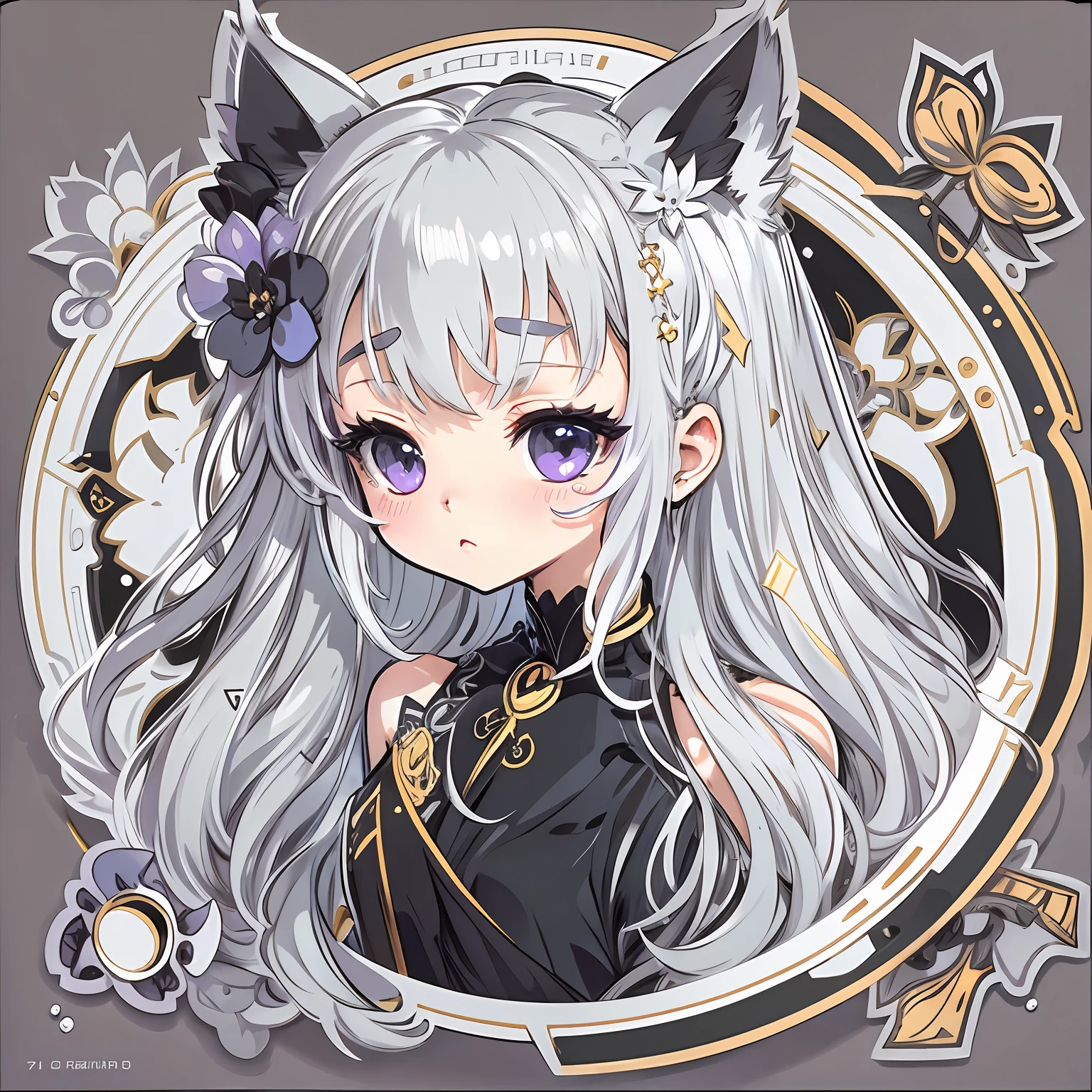Sticker, Cute anime girl head, long layered silvery white hair,Light purple eyes,pouty,Black dress,Black princess dress,Black cat ears,in circle, White background, Gold border,Simple, Ultra detailed, Detailed drawing, vectorised, Silhouette, 8K, professional sticker design, Flat design, Vector lines, Sticker, Drawing, Drawing, Full-HD