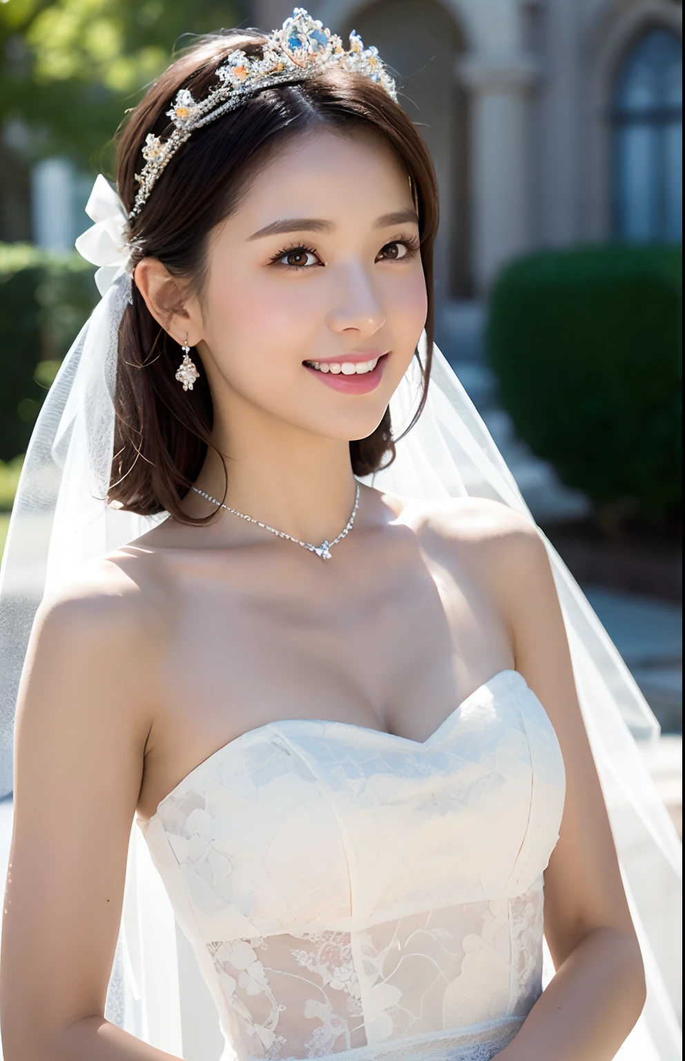 Turbulent posture, (very delicate and beautiful work), (masterpiece), 1girl, girl in a wedding dress with a tiara on her head, in front of the church, veil, lace, throwing a bouquet up, high definition, ridiculous, charming expression, smile, beautiful clear eyes, green eyes, delicate necklace, delicate earrings, whole body, various poses, simple background blur, ultra-fine depiction, beautiful, charming, ultra-fine painting, Delicate face, delicate figure, slender collarbone, lovely lips, beauty big, soft back, mix4, (8k, RAW photo, best quality), masterpiece: 1.2), (realistic, photorealistic: 1.37), one girl, cute, professional lighting, photon mapping, radiosity, physically based rendering