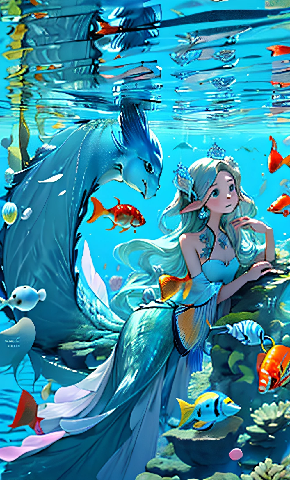 Beautiful and sunny underwater world
The tall and majestic image of the mermaid
Slender and slender body,Show elegance and power
Smooth and shiny scales and skin texture
Long flowing hair,Hair is as soft as seaweed
There are fish-like ears on the top of the head
Deep and bright eyes,Reflecting the clarity of the sea
Mermaid tail,Fish are given life
Plants and marine life in the sea as background elements,Such as coral、starfish, wait
Harmonious color combination,Such as blue、Green, etc,Echoing the atmosphere of the sea