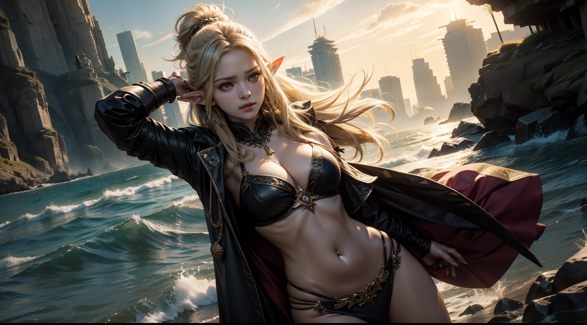 Female elf,Large breasts,upperbody shots,dramatics,dynamicposes,比基尼,The background is sandy beach,magia,Rembrandt light