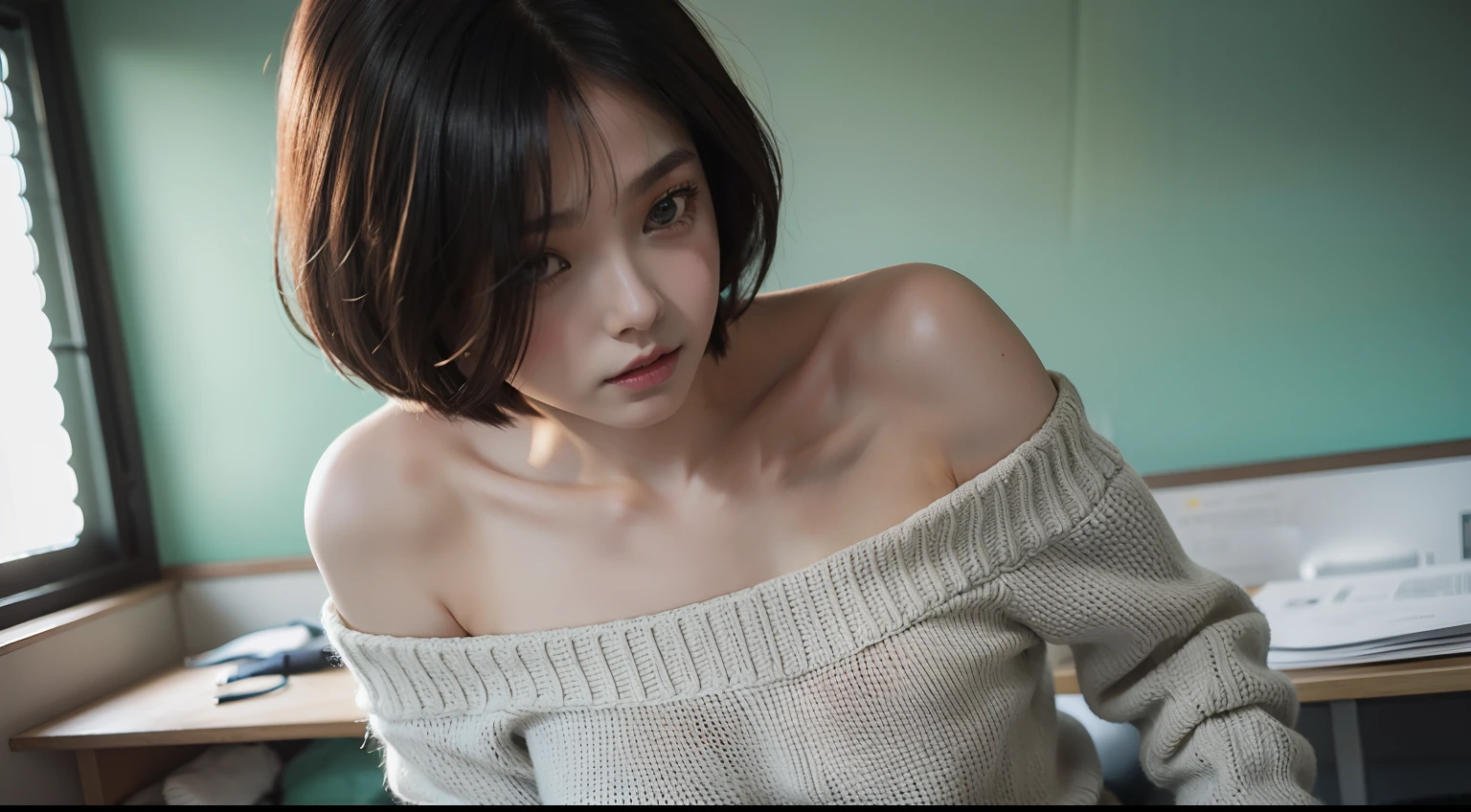 fanciful。one-girl，sitted，Bare shoulders，Detailed pubic hair（（（baggy）））whitesweater，half-body portrait，（（Look into the distance）），stunningly beautiful，mint bob hair，Blushlush，humble，desks，Duan，mano。The is very detailed。cinmatic lighting，（NSFW：1.27）