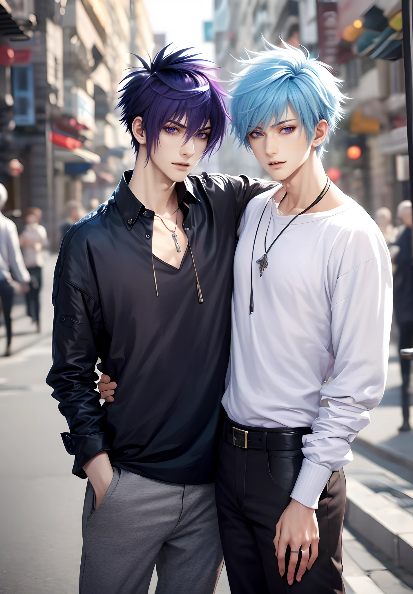 masterpiece, top-quality, 2Others, Male couple, 1 man and 1,, Adults, Height difference, different fashion, different color, finely eye and detailed face, intricate detailes, Casual clothing, Oversized shirt, Modern urban streets, A smile, Happiness, tenderness, queers, Boys Love, high-level image quality、 Two beautiful men、tall、The upper part of the body、nightfall、nighttime scene、𝓡𝓸𝓶𝓪𝓷𝓽𝓲𝓬、Korean Male, Idol Photos, k pop, Professional Photos, Vampires, Korean fashion in black and white, Fedoman with necklace, inspired by Sim Sa-jeong, androgynous vampire, :9 detailed face: 8, extra detailed face, detailed punk hair, ((eyes are brown)) baggy eyes, Seductive. Highly detailed, semi realistic anime, Vampires, hyperrealistic , delicate androgynous prince, imvu, short hair above the ears, Man with short hair, With a purple-haired man with a wild expression, Man with light blue hair with gentle expression, ((With a short-haired man with bright purple hair)), ((Man with light blue hair))