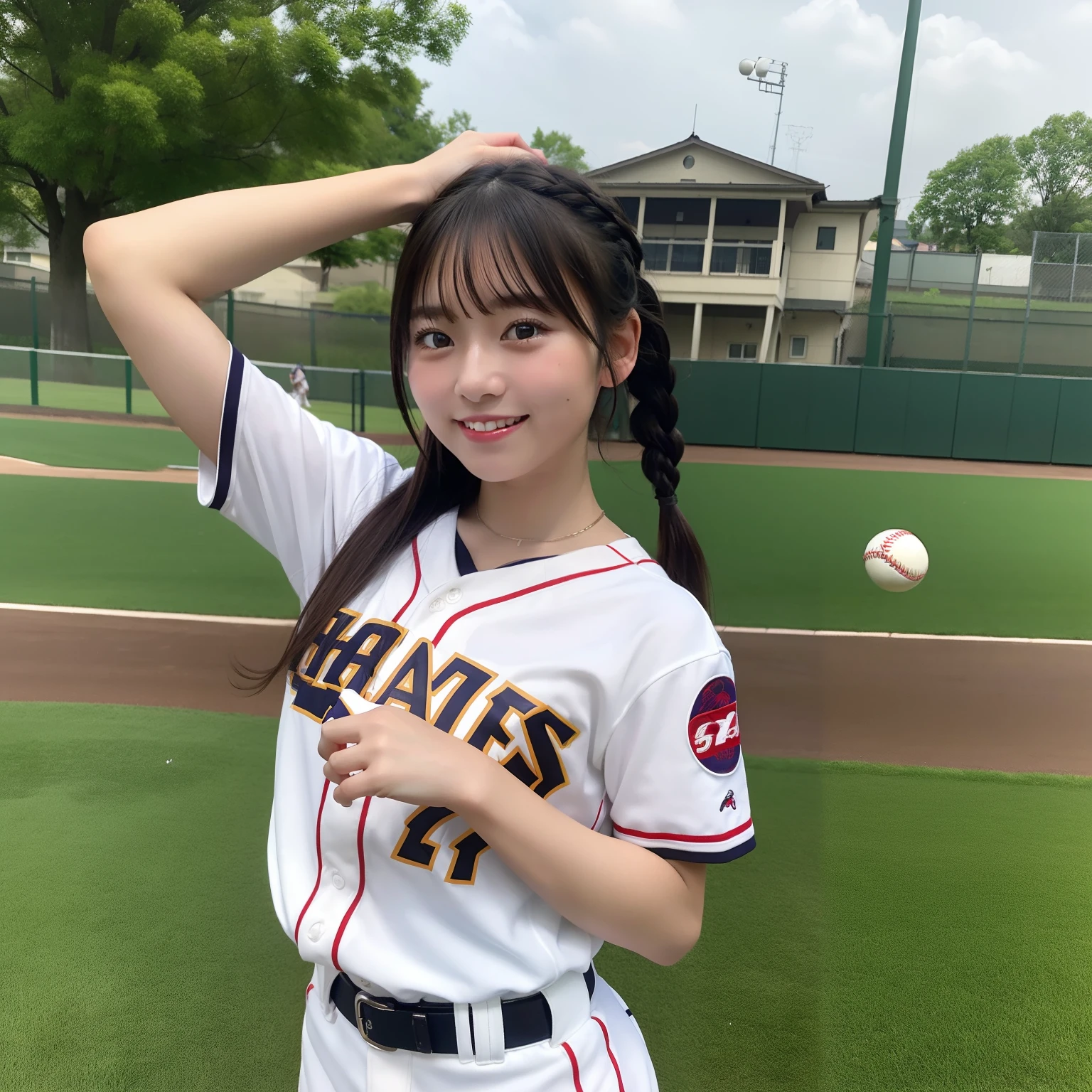 ​masterpiece、top-quality、Photo Realisticity、beautiful a girl、A dark-haired、japanes、Baseball Uniforms、Throwing the ball、Braids、Laughing、sports ground、during daytime、outside of house、Sunnyday、suns、Short pants、spats、17 only