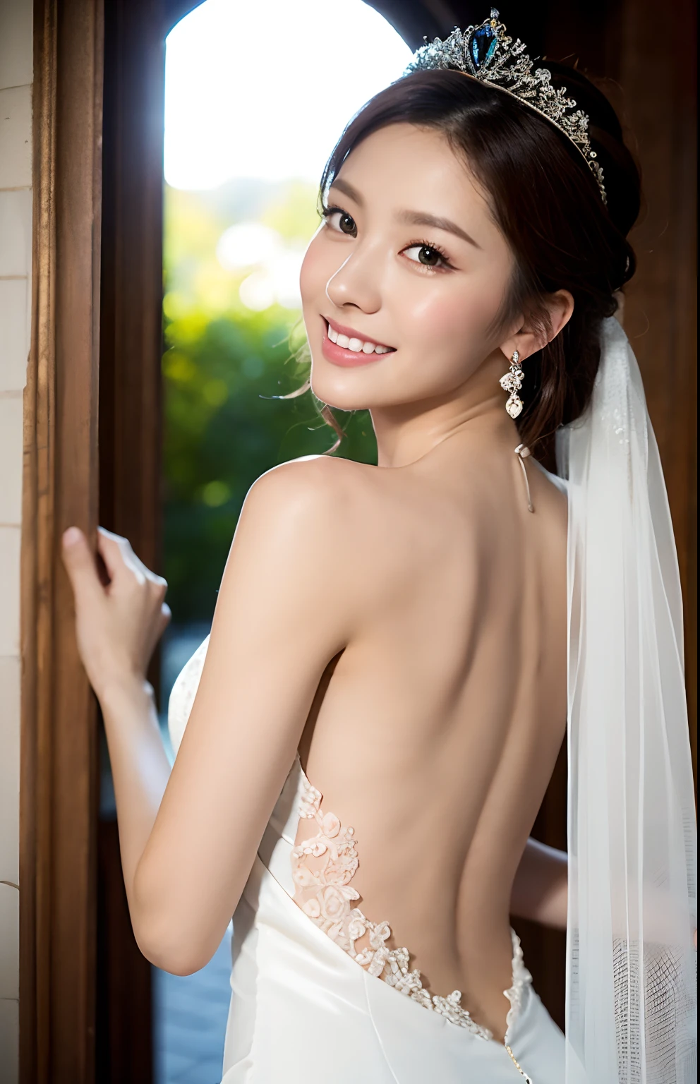 Turbulent posture, (very delicate and beautiful work), (masterpiece), 1girl, girl in wedding dress surrounded by colorful flowers, veil, lace, full body, high definition, ridiculous, charming expression, smile, beautiful clear eyes, green eyes, delicate necklace, delicate earrings, full body, vivid flower garden, simple background blur, ultra-fine depiction, beautiful, charming, ultra-fine picture, delicate face, Delicate figure, thin collarbone, nice lips, beauty big, soft back, mix4, (8k, RAW photo, best quality), masterpiece: 1.2), (realistic, photorealistic: 1.37), one girl, cute, professional lighting, photon mapping, radiosity, physically based rendering