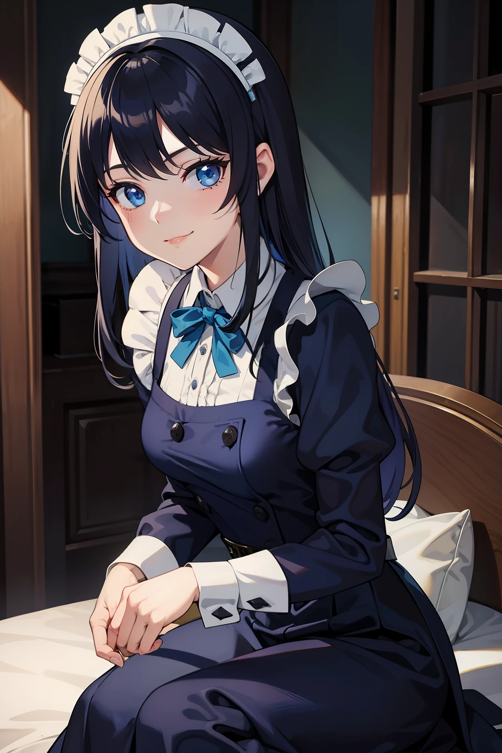 Antique Maid Uniform, dark blue hair, mid long hair, blue eyes, young adault, 22 years, beautiful face, light smile, castel backround