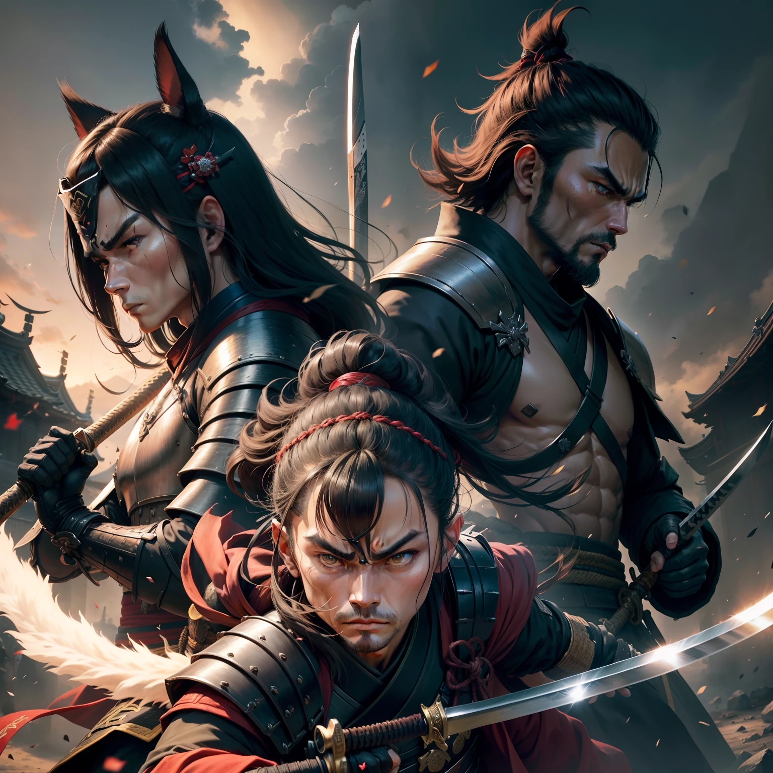 c4ttitude, Samurai Man , vigilant, Yeux en amande, furrowed brow, fourrure lisse, guerrier, disciplined, focused, Armored kimono, Guarded cover, acier, pattes griffues, Katana, feudal Japan, rue, honorer, duel, Confrontation scene,