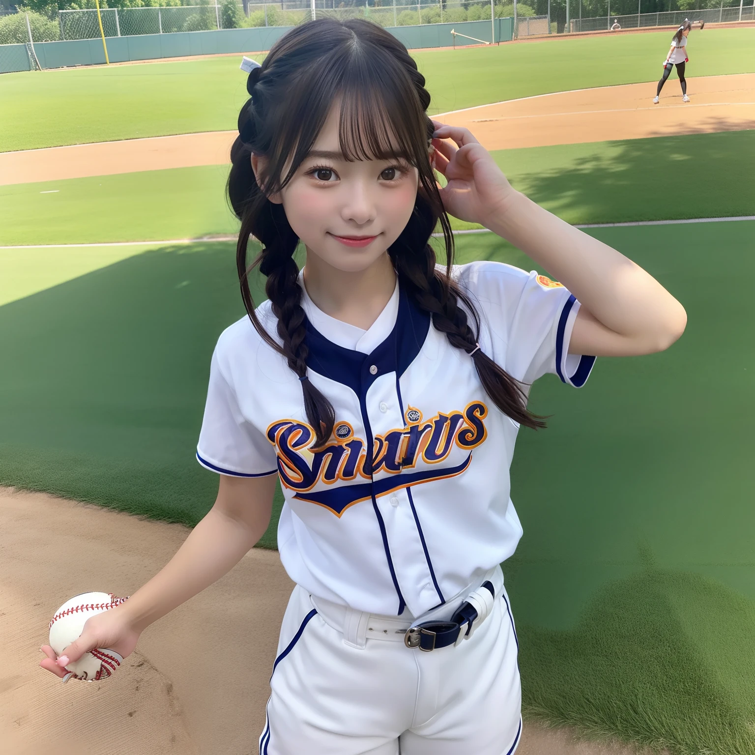 masterpiece、top-quality、Photo Realisticity、beautiful a girl、A dark-haired、japanes、Baseball Uniforms、Throwing the ball、Braids、Laughing、sports ground、during daytime、outside of house、Sunnyday、suns、Short pants、spats、17 only、Have the ball、The whole body is shown