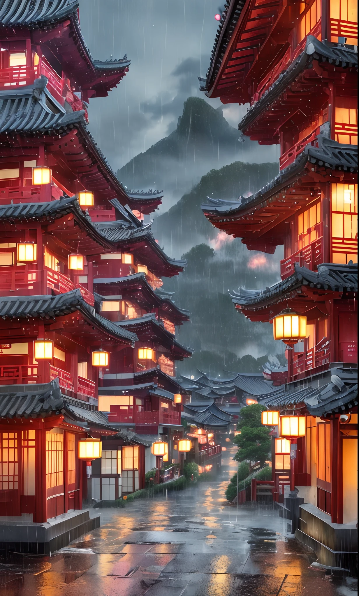 arafed view of a village with a lot of lights on the buildings, dreamy chinese town, chinese village, amazing wallpaper, japanese town, japanese village, hyper realistic photo of a town, old asian village, japanese city, by Raymond Han, rainy evening, cyberpunk chinese ancient castle, beautifully lit buildings, at evening during rain, beautiful and aesthetic, photography, cinematic, 8k, high detailed ((Heavy rain)))