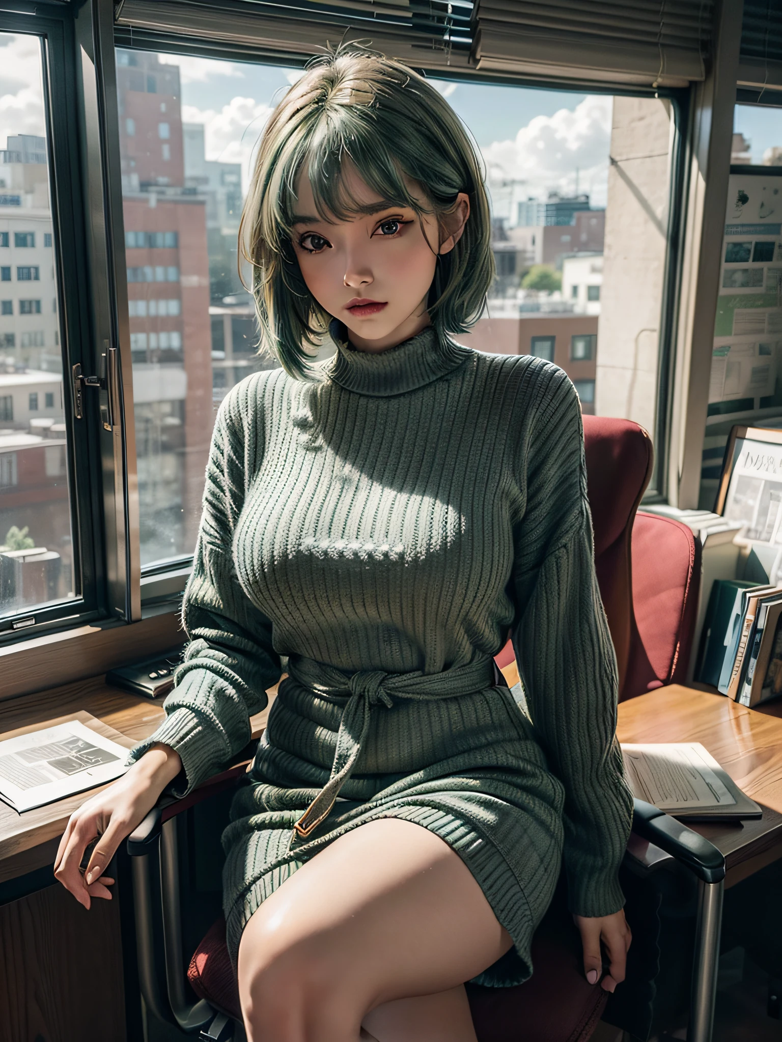 Masterpiece, intricate detail, 8k. Hires, ultra detailed, Woman, bobs (green hair), office outfit, sitting on the chair, office room