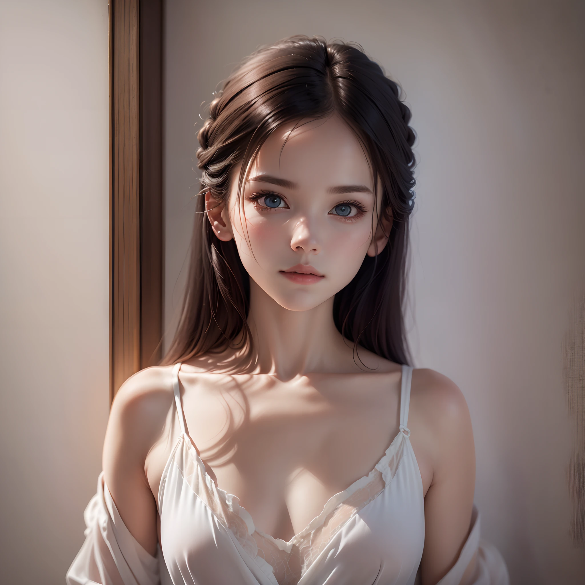 1 girl, full body, indistinct, detailed clothes,white tights, indistinct, casual white shirt, (delicate illustration:1.4),(masterpiece:1.0), (best quality:1.4), (ultra highres:1.2), (photorealistic:1.4), (8k, RAW photo:1.2), (soft focus:1.4), (18yo:1.3), (sharp focus:1.4), detailed beautiful face