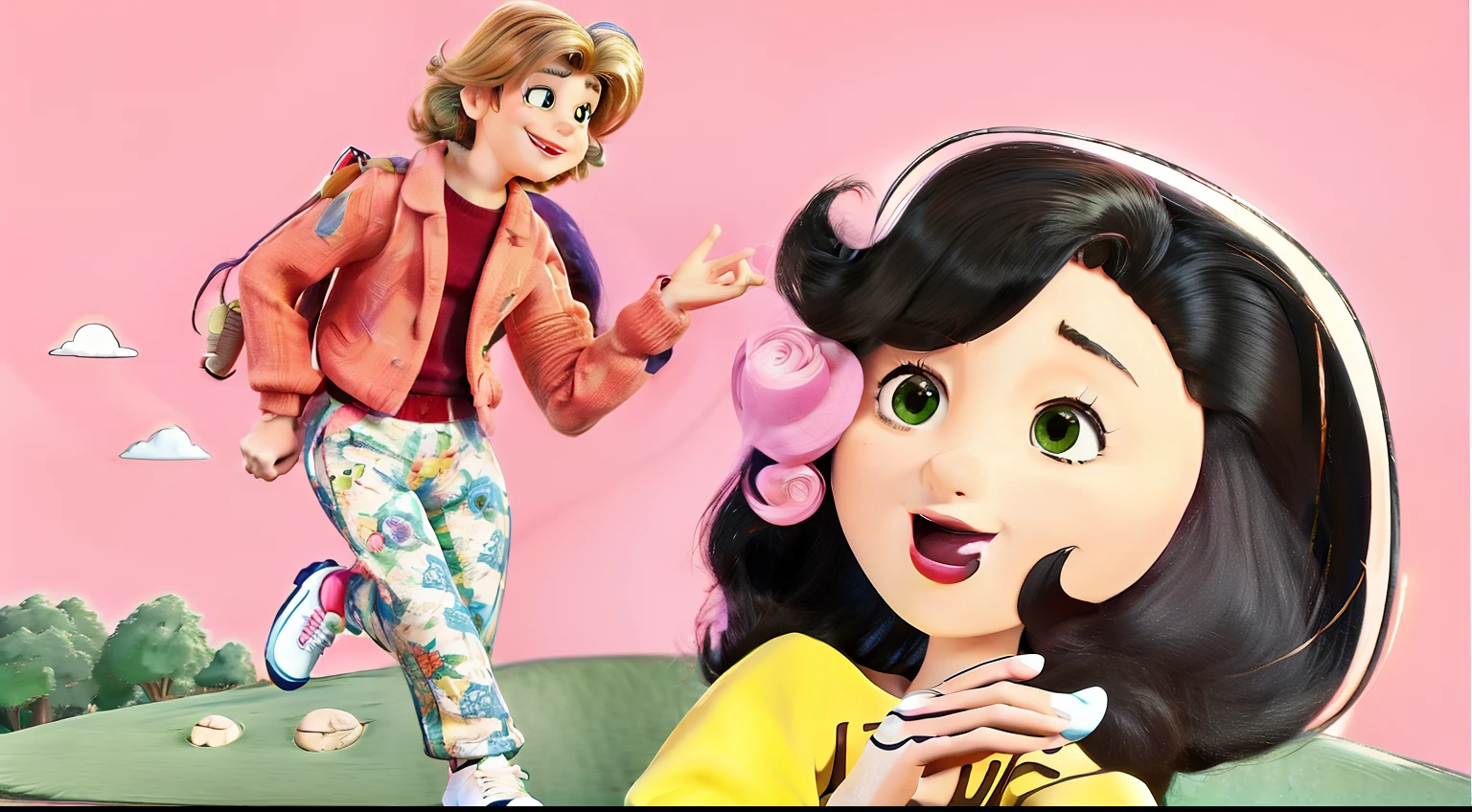 desenhos animados de um homem e uma mulher em um parque com um fundo rosa, ( Arte Fitzpatrick ), Directed by: Harry Beckhoff, manga 1980, Desenho animado dos anos 1980, Directed by: Art Fitzpatrick, 8 0 s desenho animado, 1980 manga, desenho animado ainda, retro cartoon, 8 0 s arte, shoujo vintage, Desenho animado dos anos 1960
