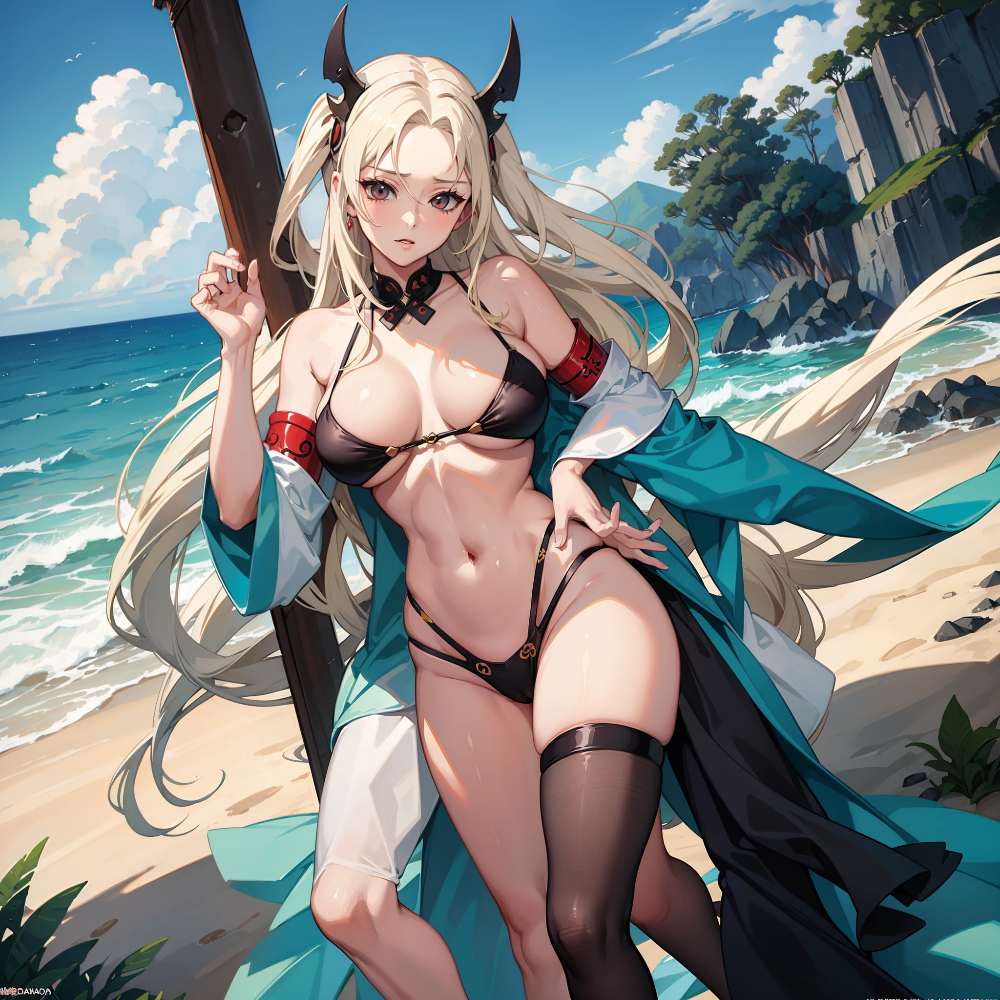 Tsunade, NSFW, sensualmente expondo seu corpo nu na praia , Suas curvas acentuadas,
