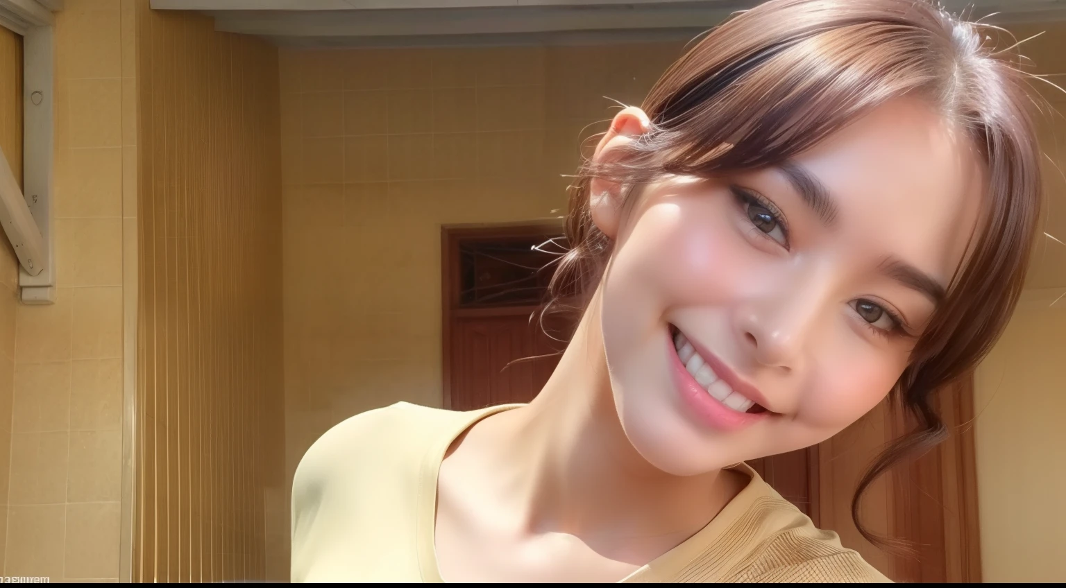 (8k, RAW photo, best quality, masterpiece:1.2), (realistic, photo-realistic:1.37), ultra-detailed, ultra high res,1 girl,looking at viewer,beautiful detailed face,smile,narrow,(slim waist:1.3), gold shirt, beautiful detailed skin, skin texture, floating hair,professional lighting. Girl personality: charismatic, enthusiastic, generous