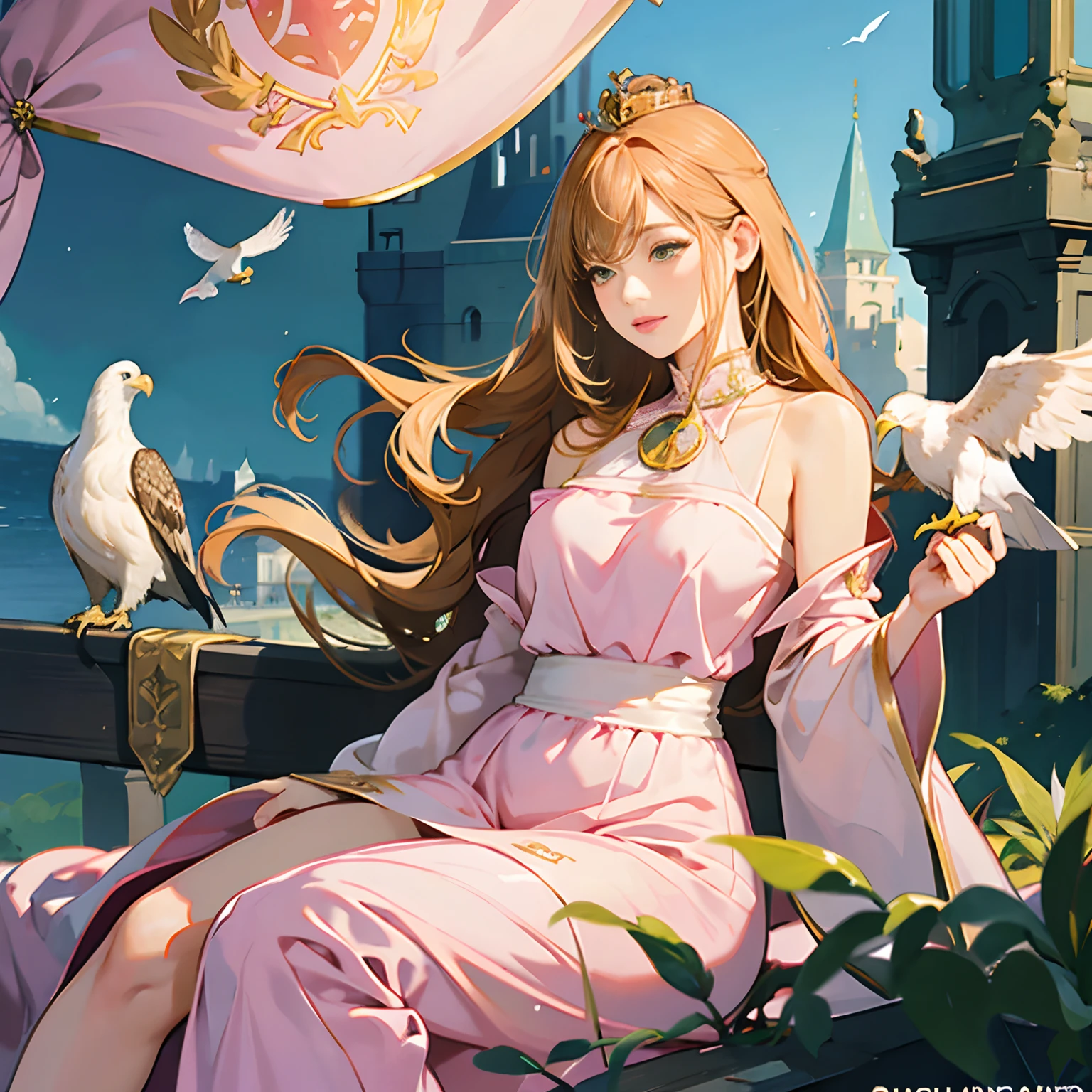 Women in Their 20s, Fantasia、offcial art, unity 8k wall paper, ultra-detailliert, beautifly、Aesthetic, masterpiece, top-quality, Photorealsitic, A Princess、Luxurious white dress、a golden tiara、Pink robe、Decoration of bird feathers on the collar and shoulders、Large gemstone pendant、Eagle emblem flags lined up、flowing in the wind、Green Flag、Castle balcony、green plant、depth of fields, Fantastic atmosphere, Calm palette, tranquil mood, Soft shading、bbw、very large breast、plump figure、Flock of small white birds