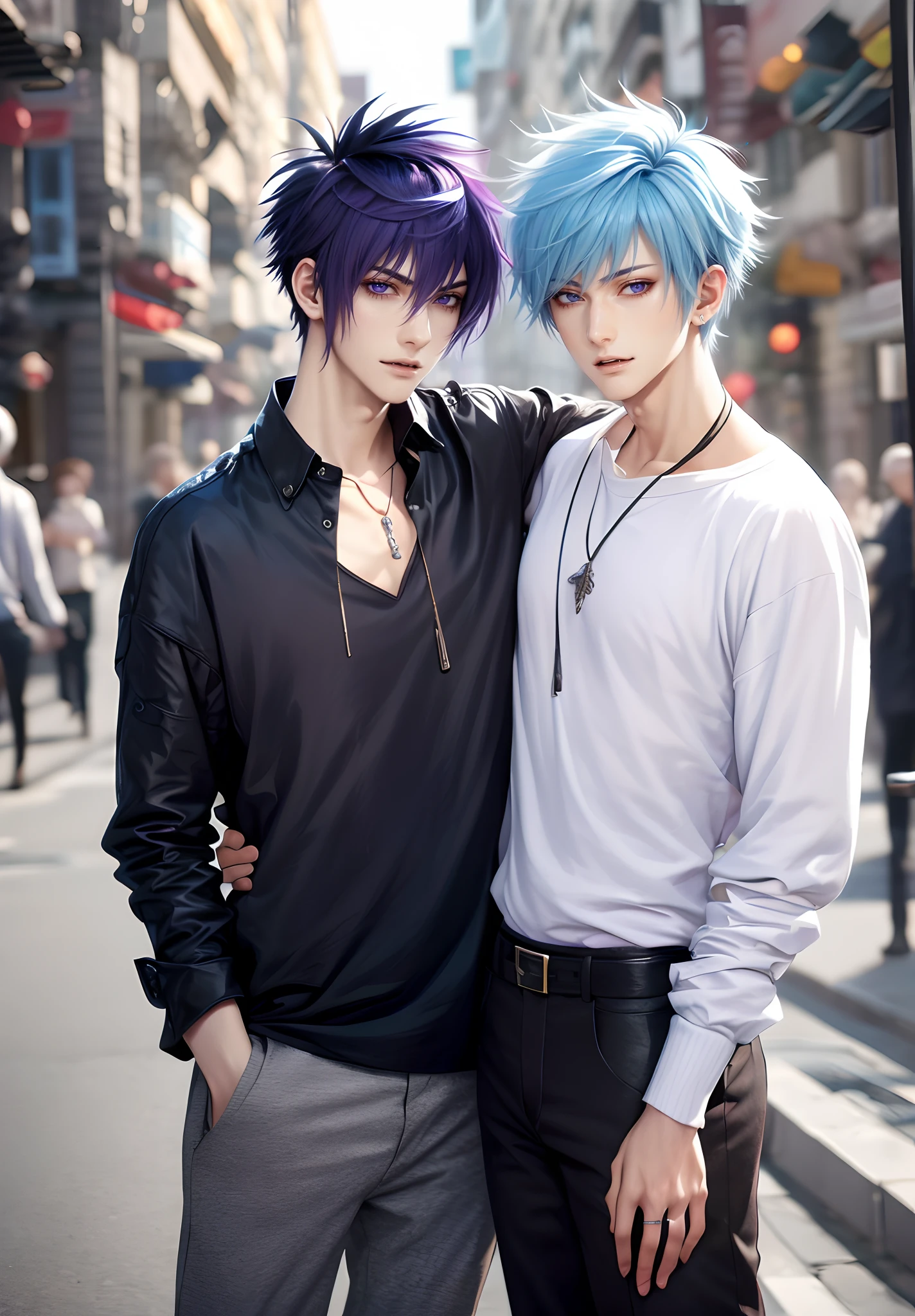 masterpiece, top-quality, 2Others, Male couple, 1 man and 1,, Adults, Height difference, different fashion, different color, finely eye and detailed face, intricate detailes, Casual clothing, Oversized shirt, Modern urban streets, A smile, Happiness, tenderness, queers, Boys Love, high-level image quality、 Two beautiful men、tall、The upper part of the body、nightfall、nighttime scene、𝓡𝓸𝓶𝓪𝓷𝓽𝓲𝓬、Korean Male, Idol Photos, k pop, Professional Photos, Vampires, Korean fashion in black and white, Fedoman with necklace, inspired by Sim Sa-jeong, androgynous vampire, :9 detailed face: 8, extra detailed face, detailed punk hair, ((eyes are brown)) baggy eyes, Seductive. Highly detailed, semi realistic anime, Vampires, hyperrealistic teen, delicate androgynous prince, imvu, short hair above the ears, Man with short hair, With a purple-haired man with a wild expression, Man with light blue hair with gentle expression, ((With a short-haired man with bright purple hair)), ((Man with light blue hair))