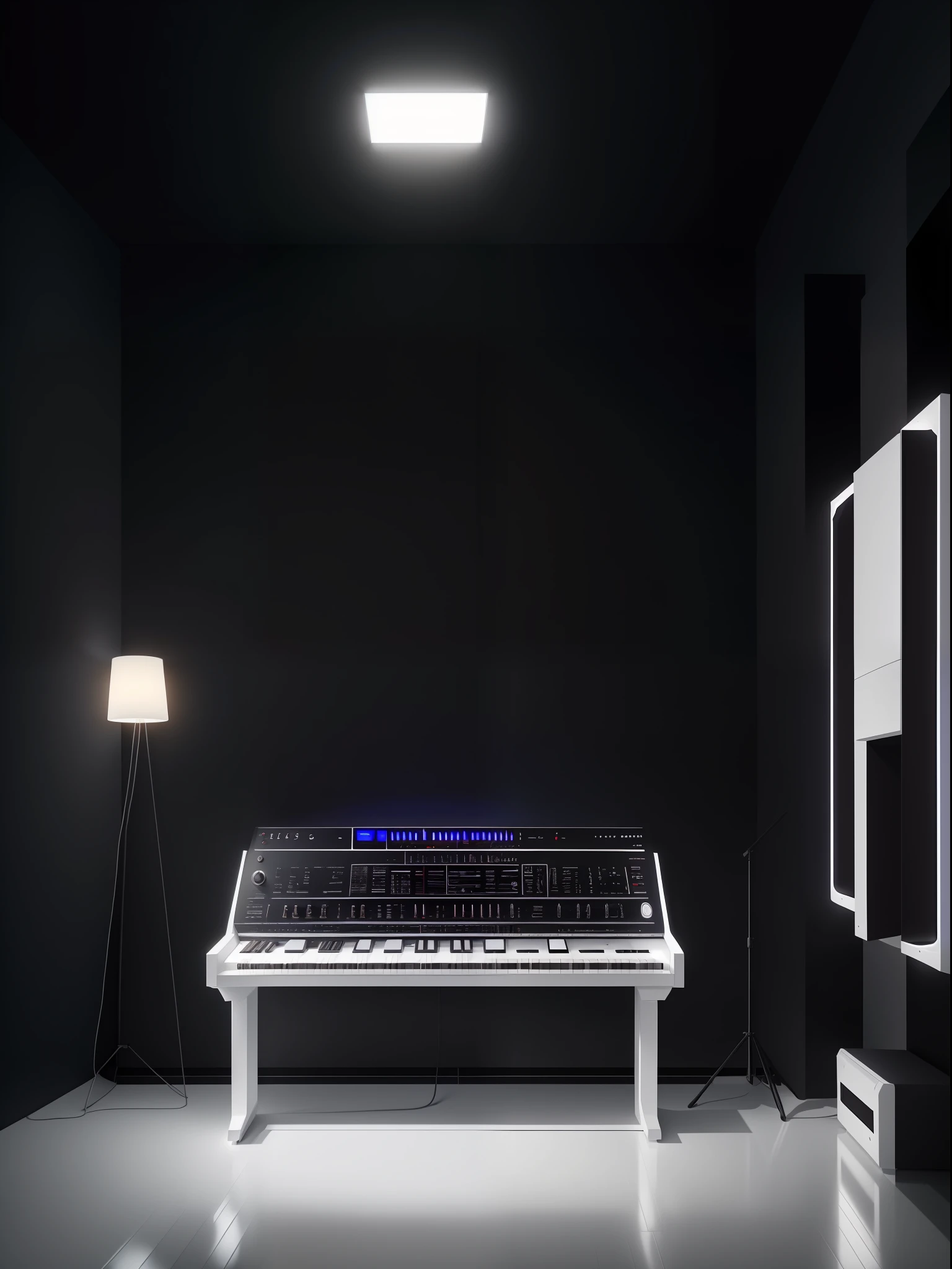White Room、Sophisticated white synthesizer , roland , Korg , Waldorf , masutepiece, top-quality, in 8K , intricate detailes, ultra-detailliert , light Particle、32K Digital Paint, Hyper-Realism,