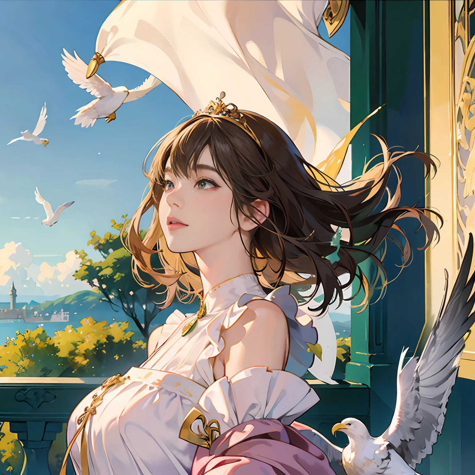 Women in Their 20s, Fantasia、offcial art, unity 8k wall paper, ultra-detailliert, beautifly、Aesthetic, ​masterpiece, top-quality, Photorealsitic, A Princess、Luxurious white dress、a golden tiara、Pink robe、Decoration of bird feathers on the collar and shoulders、Large gemstone pendant、Eagle emblem flags lined up、flowing in the wind、Green Flag、Castle balcony、green plant、depth of fields, Fantastic atmosphere, Calm palette, tranquil mood, Soft shading、bbw、very large breast、plump figure、Flock of small white birds