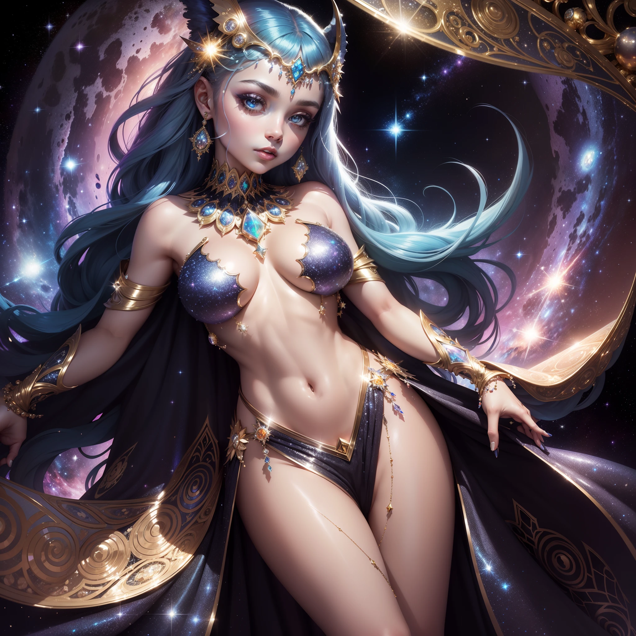 Beautiful Metamorphosis of the Moon Girl, Sequin fabrics, radiance, ornament, glistering, Sequins, crystals, Glow, jewels, Opals, Diamonds, Against the backdrop of space, Arnouveau, symmetry, Cinematic, higly detailed, precise proportions, galaxy, Silver gamma, the Milky Way