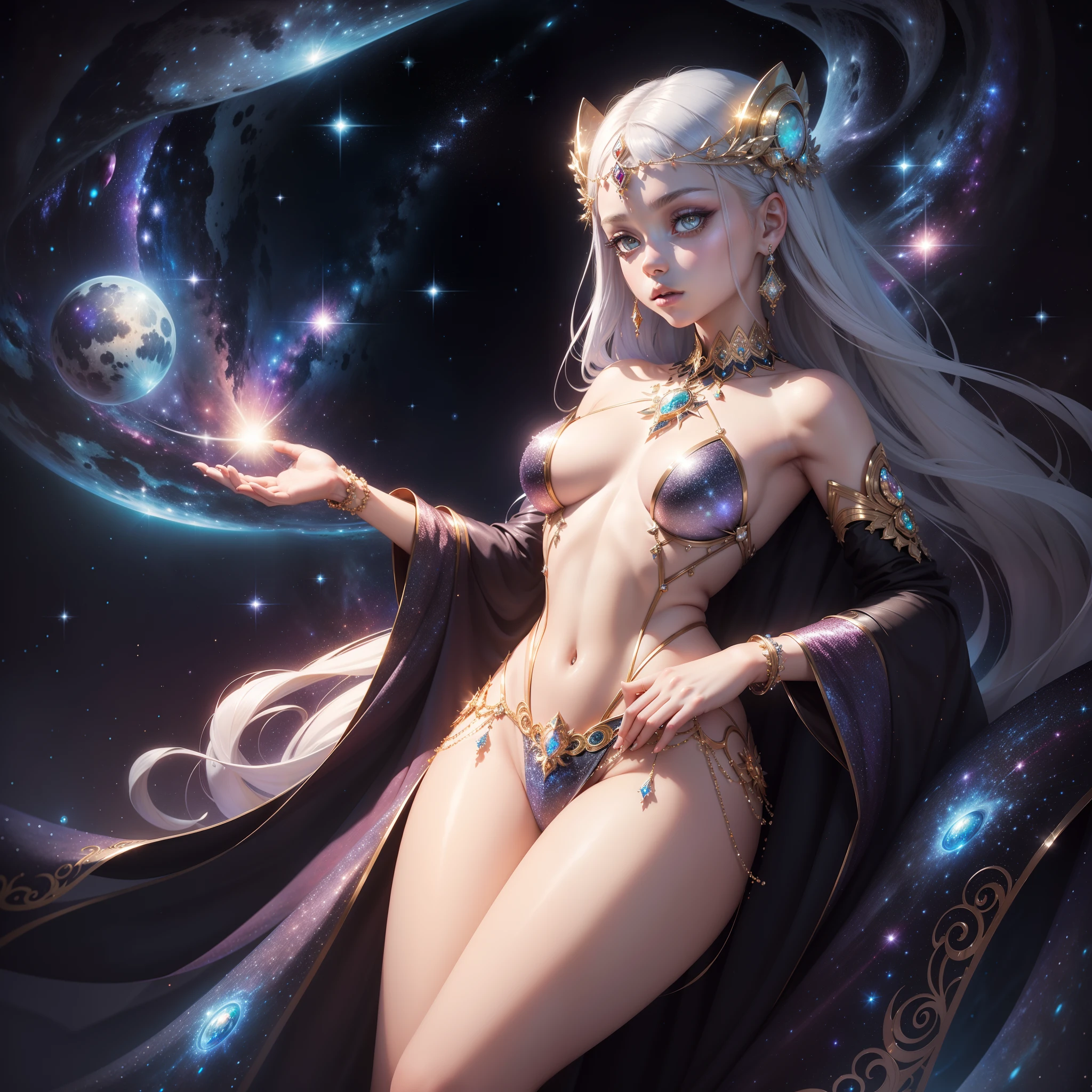 Beautiful Metamorphosis of the Moon Girl, Sequin fabrics, radiance, ornament, glistering, Sequins, crystals, Glow, jewels, Opals, Diamonds, Against the backdrop of space, Arnouveau, symmetry, Cinematic, higly detailed, precise proportions, galaxy, Silver gamma, the Milky Way