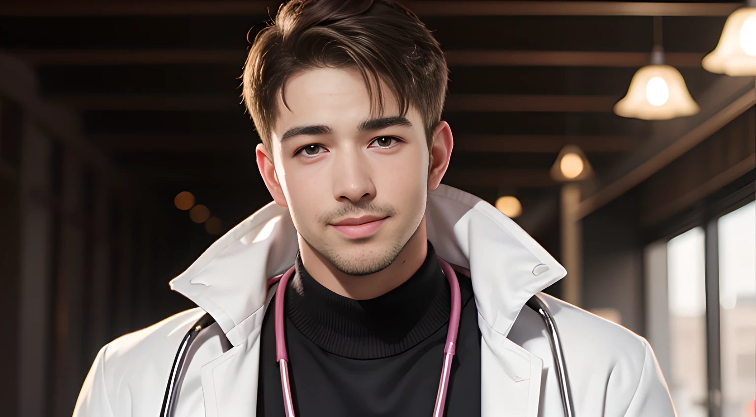 ((Men only)), (head shot), (handsome muscular man in his 30s), (A doctor with a professional demeanor, white coat, stethoscope, and an approachable, reassuring smile), (Chris Redfield), (Mischievous smile), (detaile: 1 in 1), Natural muscles, HIG quality, beautidful eyes, (Detailed face and eyes), (Face、: 1 / 2), Noise, Real Photographics、... .................................................................................................................PSD, Sharp Focus, High resolution 8K, realisitic & Professional Photography, 8K UHD, Soft lighting, High quality, Film grain, FujifilmXT3