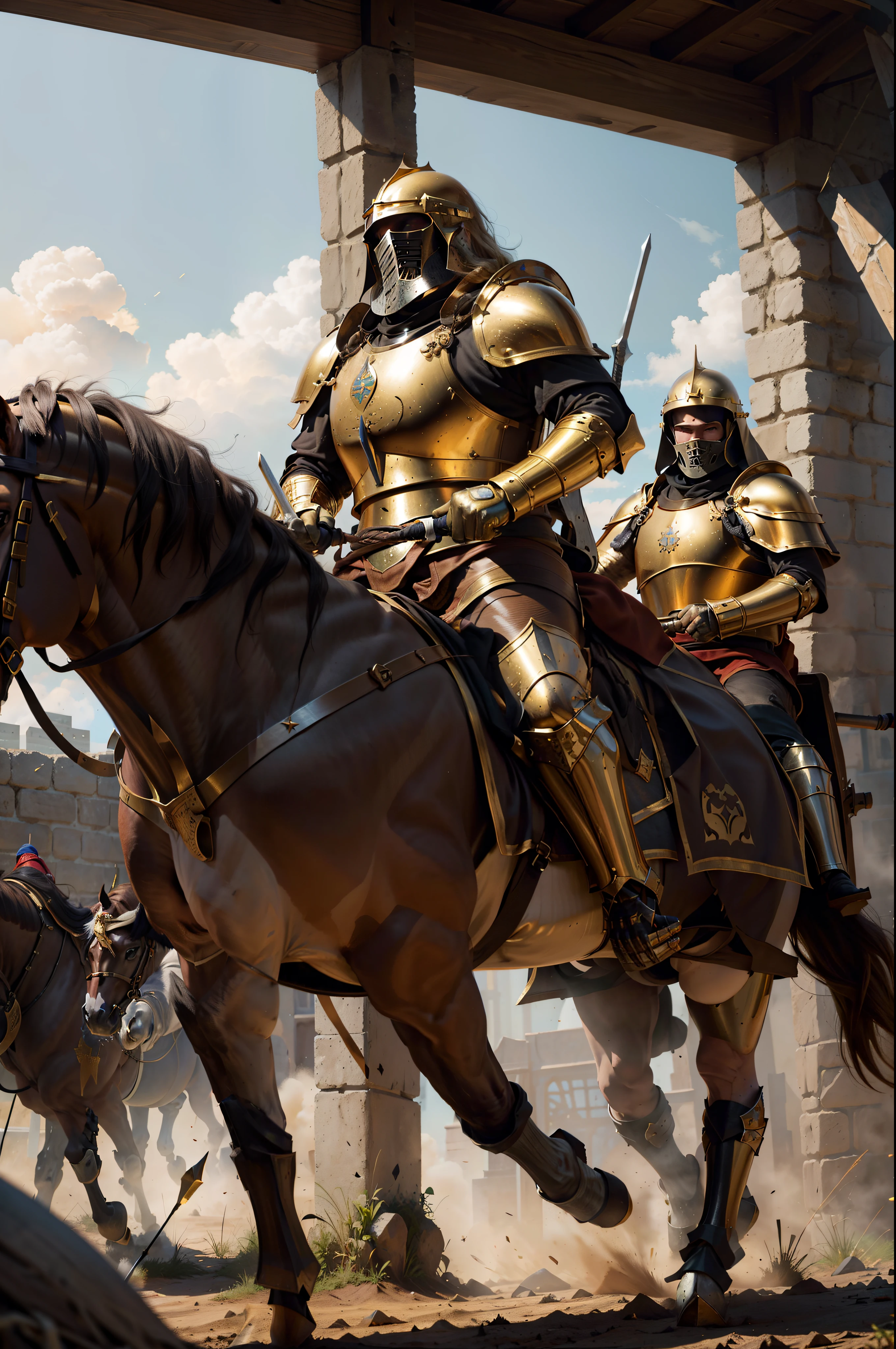 The Royal Knights Legion on war horses is charging,holy crusader medieval,heavy cavalry,golden armour,Super spear,Feeling of heaviness,3Drenderingof,4k,Hyper-realistic image,Gongbi style,Golden Age Light,Wide- angle view,Strong contrast