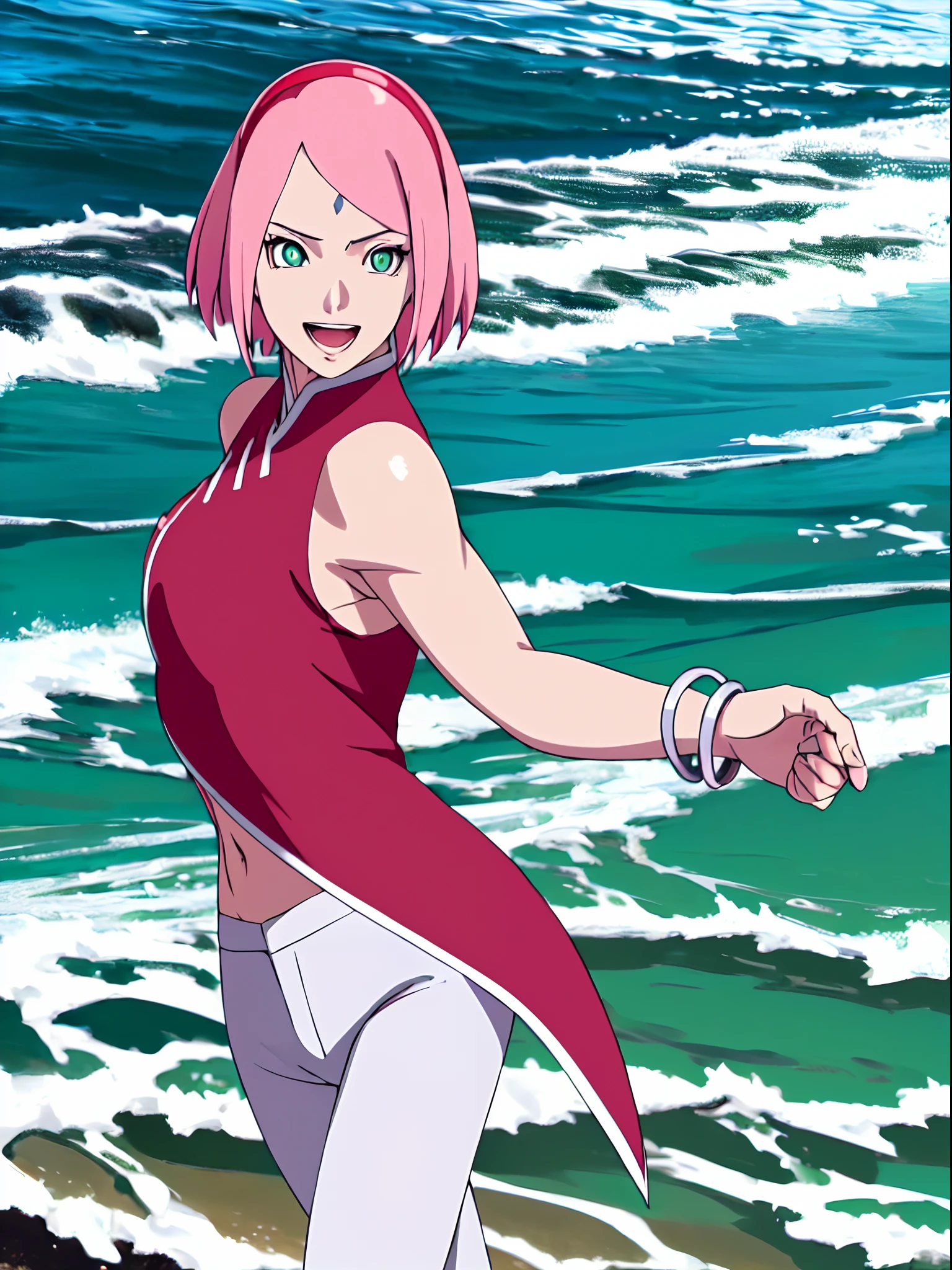 (masterpiece, 8k, anime style, hand drawing, vector coloring, portrait, face shot, professional artwork, detailed beachside background, intricate details, colorful, bold drawing lines), (ultra detailed body, ultra detail hair, ultra detail face, attractive, seductive, happy, open mouth, crossed arms, dirty armpits), trending on pixiv, kind smile, very hot color, best quality, 1girl, hires, haruno sakura, contrasty lighting, (forehead mark, milf, red hairband, pale skin, short hair, ((red sleeveless dress), white pants), navel, groin, bracelet, looking at viewer, pink hair, green eyes, perfect eyes, white sciera, anime eyes, smoky eyeliner, eyeshadow, perfect face, smile, beach, wind, floating hair, detailed arms, off-shoulders, muscular arms, standing), sunnyday