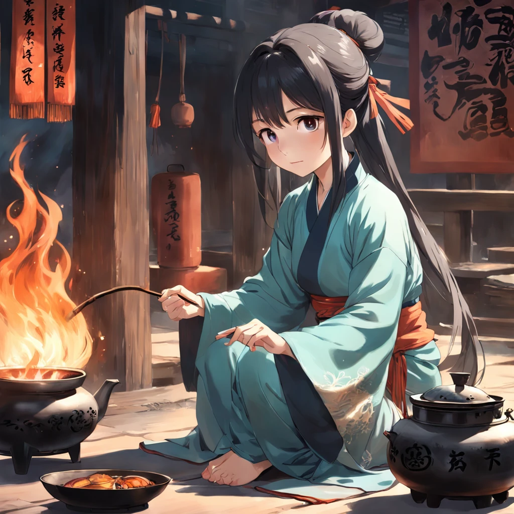 best qualtiy，tmasterpiece，style of anime，A beautiful woman in Hanfu sits next to a teapot, Boiling a teapot over charcoal fire on the stove, Side Body，stove，Charcoal fires should be smaller，The fire should be a little smaller，teapot