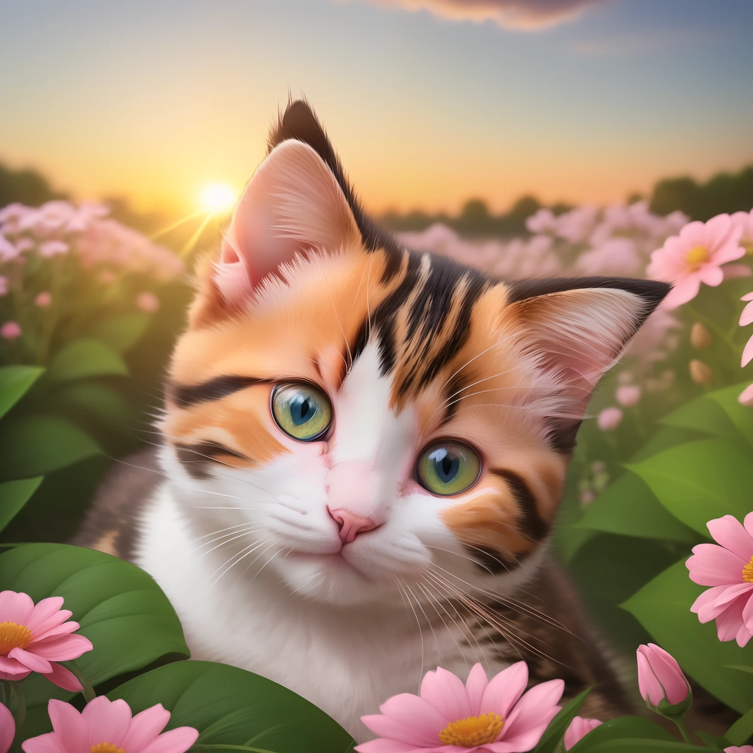 (A hyper-realistic)、(Raw photo)、(illustratio)、(hight resolution)、(8K)、(ighly detailed、(A kitten)、(calico cat)、(1animal)、Drive through the flower garden、Dawn background、Soft lighting from the top right、roundly eyes