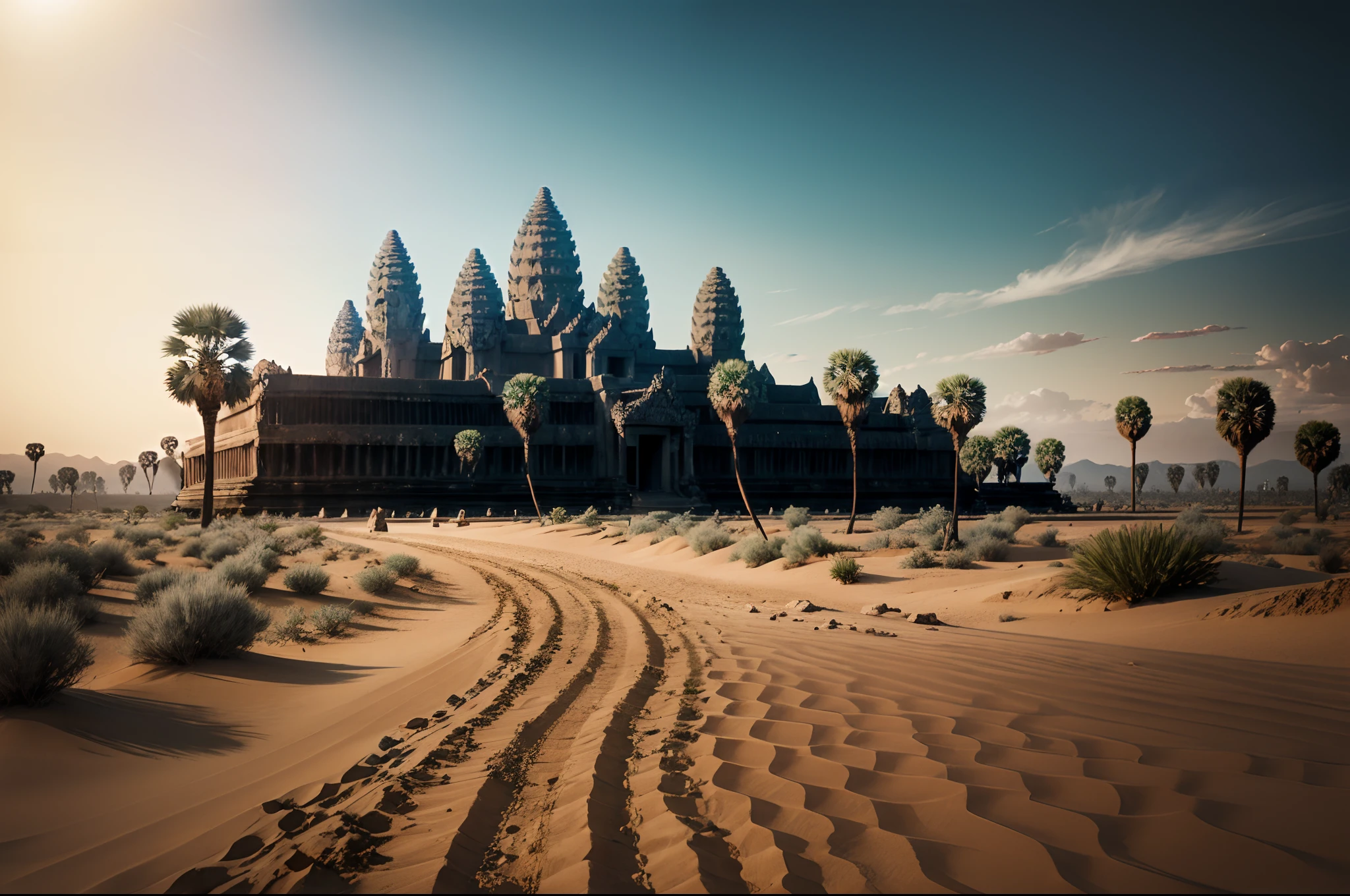 angkor wat in the desert sand, realistic landscape, 8k, realistic texture, high quality photo,