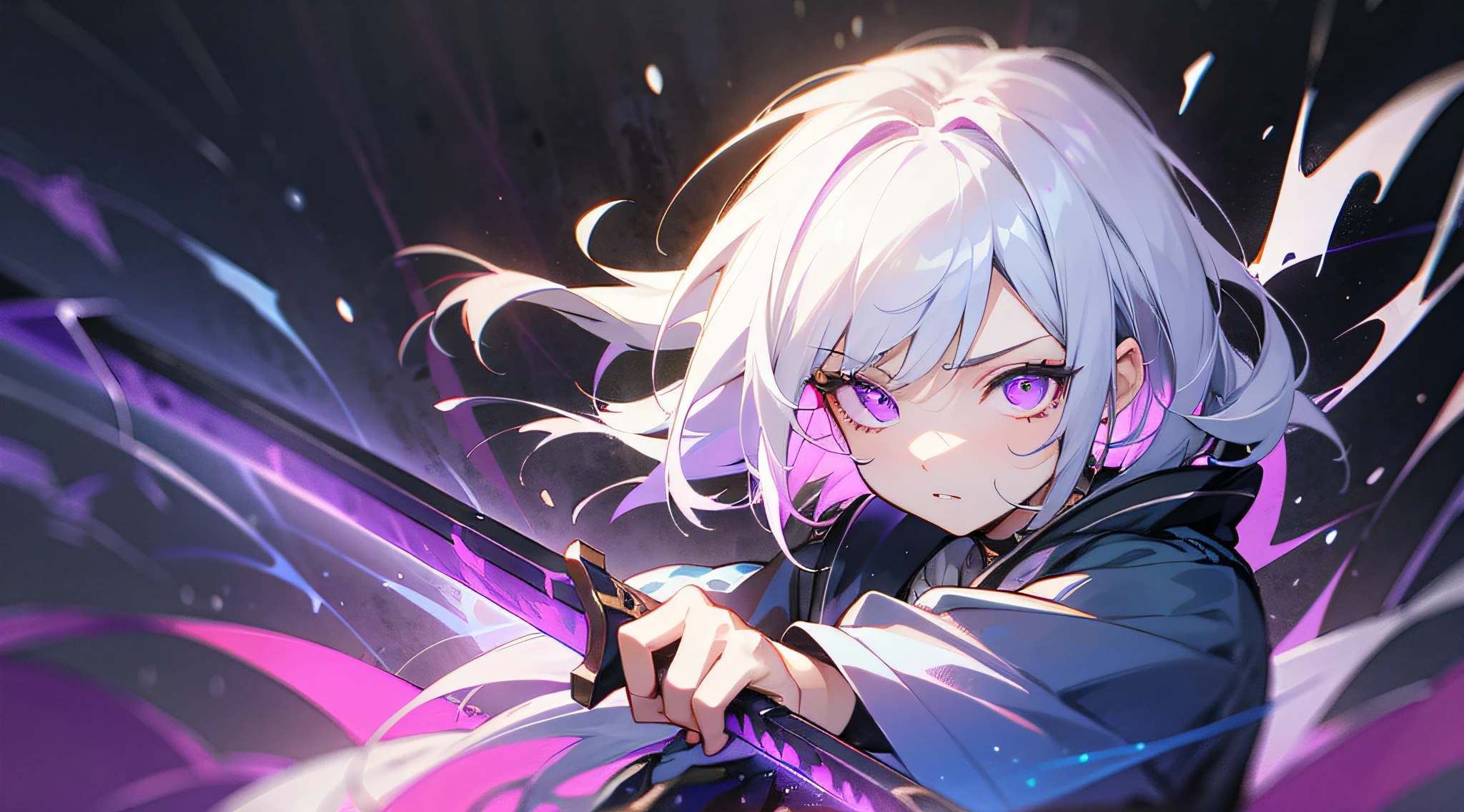 colourfull、1girl in、white hair、a purple eye、dual-wielding、The sword、The sword、blue flames、brilliance、glowing weapons、Particles of light、wall-paper、chromatic abberation、short-cut