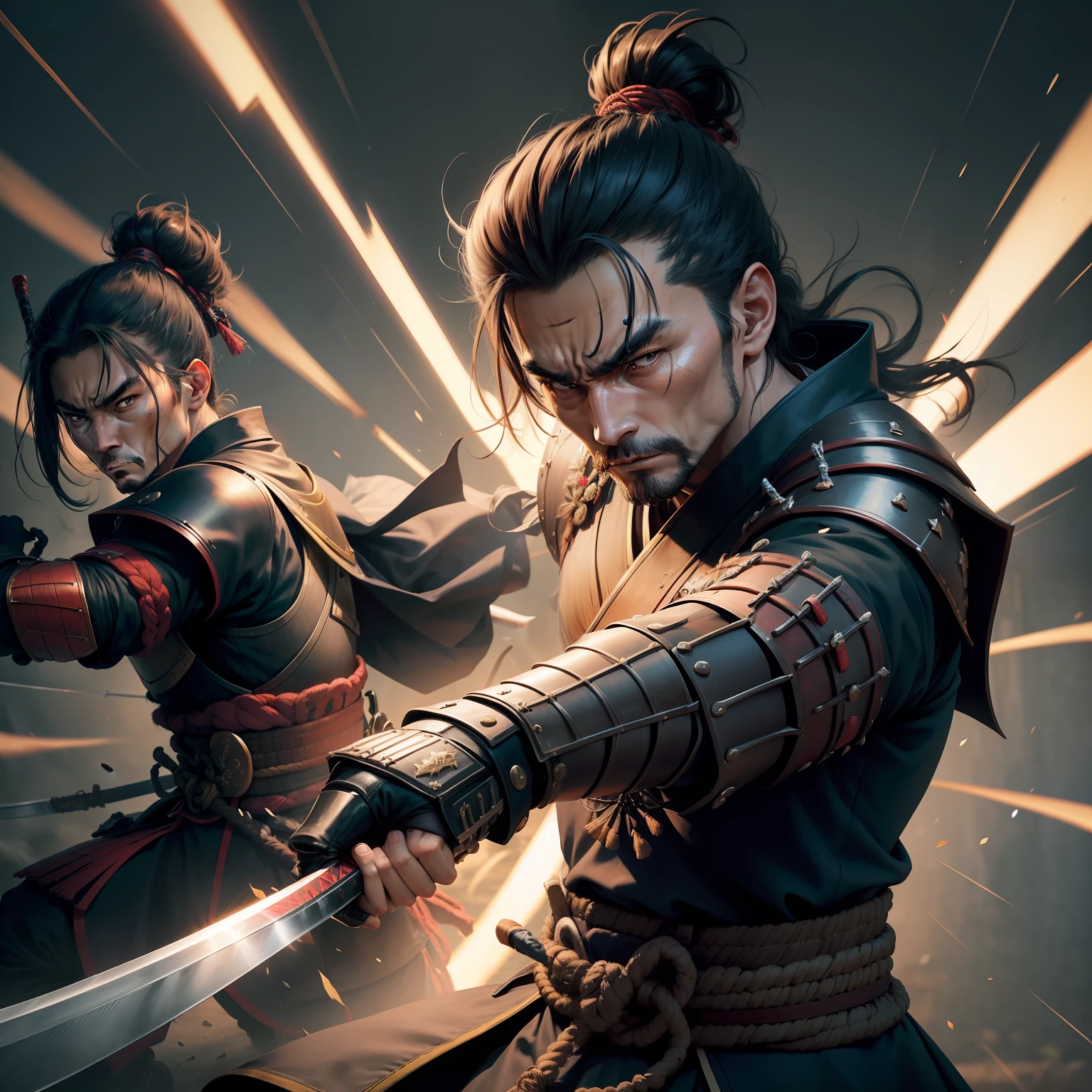 c4ttitude, Samurai Man , vigilant, Yeux en amande, furrowed brow, fourrure lisse, guerrier, disciplined, focused, Armored kimono, Guarded cover, acier, pattes griffues, Katana, feudal Japan, rue, honorer, duel, Confrontation scene,