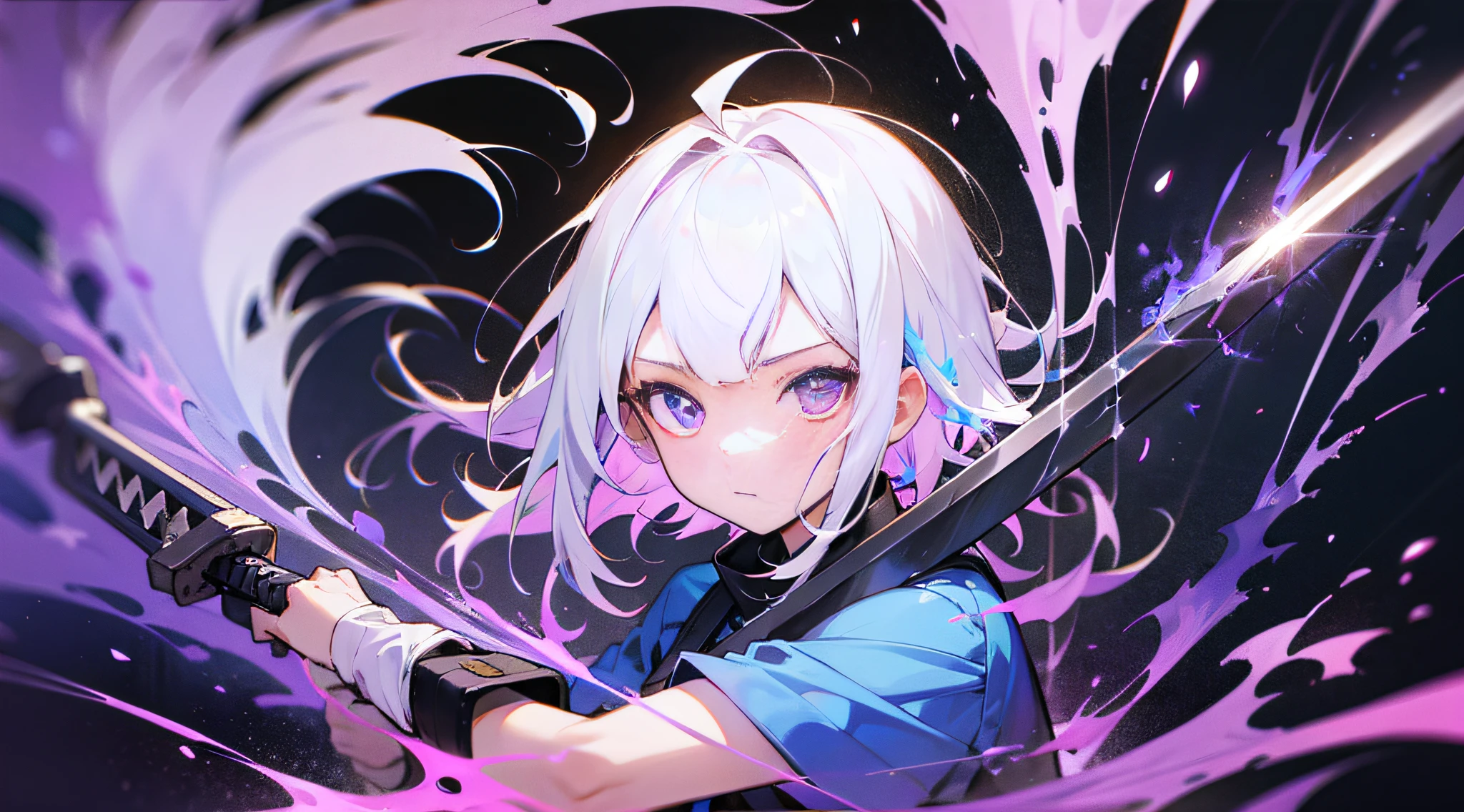 colourfull、1girl in、white  hair、a purple eye、dual-wielding、The sword、The sword、blue flames、brilliance、glowing weapons、Particles of light、wall-paper、chromatic abberation、short-cut