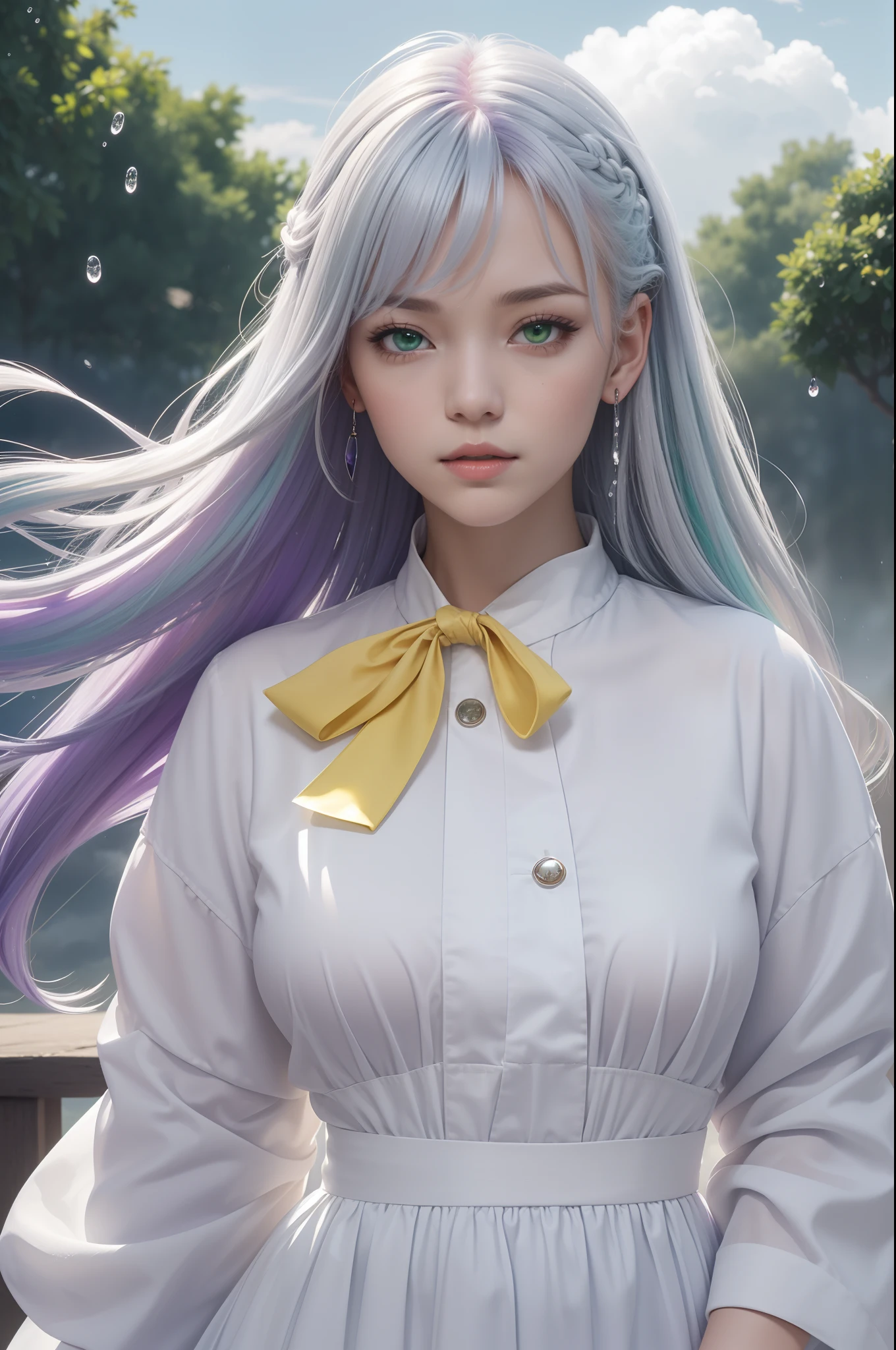(((Masterful performance on Samizen))), hiquality, 8k ultra-detailed CG unit, the best illustration, beautifull details, Smoothness in movement, Dynamic Angle, Dynamic posture, (1 girl), Cyan eyes, (multicolour hair+silver haired:1.3+redhead hair:1.2+purple hair+yellow hair strokes:1.3+green hair:1.3), White clothes in the style of vucha, neck bow, beatiful face, a lot of drops of water, clouds, nightfall, Wide plan, watercolor style.