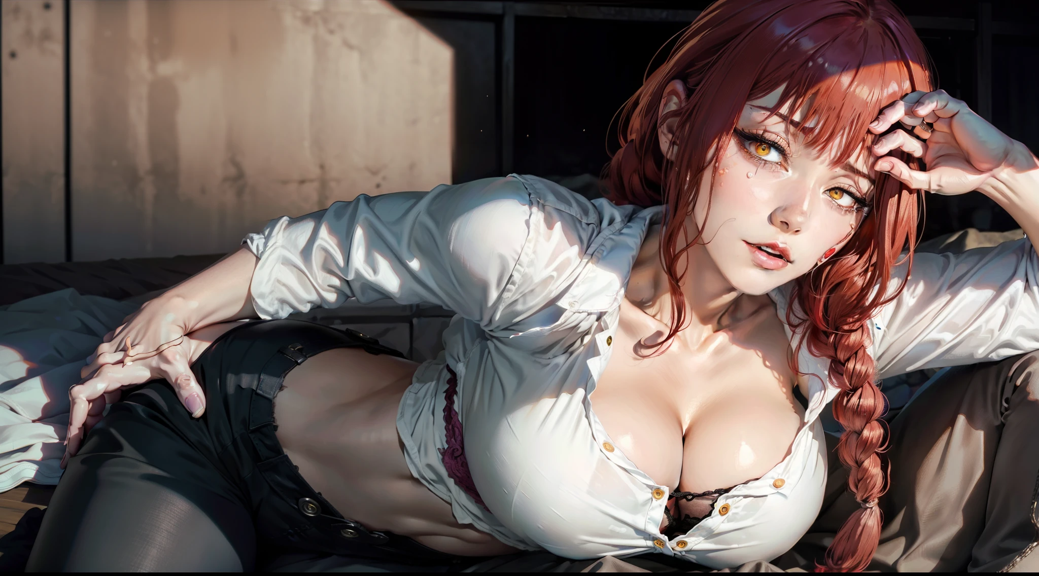 Makima from Chainsaw Man, Moaning in pain, feeling pain, tearing, sore, crying, bust botox, sleeping beauty on back, wet skin and hair, medium soft breasts, red hair, (White shirt, naked lower body, torn, mid-chest torn shirt, no underwear, shirt covers Live ass), (make her yuna:1.5), perfect body, open (perfect body, small ke), fashion realistic, high-definition sysie details, photography , sharpness, unique 850 4, koda850 k portrait camera, f1.6 lens, rich colors, super realistic texture, spectacular light texture, surreal art, Cinestil 800 fashion mechanism, scared to tears, full of tears, obey the pain, moan in pain, grimace in pain, ahegao, yellow eyes