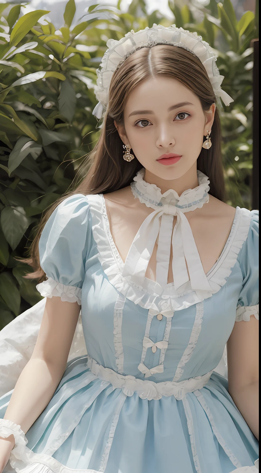 （tmasterpiece，best qualtiy，realisticlying：1.37），(From head to thighs:1.5)（Complex and sophisticated，Highly detailed skin and face）,(Lolita costume:1.27)， (Real picture, Intricate details, Depth of field，High neck clothes), parted lip, highly  detailed, Perfect face, Perfect body, Large models,Mature woman, Tall, Long legs,Natural background bokeh，hyper HD， tmasterpiece， high high quality， high detal， A high resolution， k hd， 8K， Award-Awarded， Break， ultra-realistic realism， hentail realism， depth of fields， cinmatic lighting， The light from the back window is backlighted， 对称， Bokeh， f / 1.8， Eye level shots， 35mm， The is very detailed， astounding， finedetail， tmasterpiece， offcial art， absurderes， Incredibly Ridiculous res， hugefilesize， ultra - detailed， A high resolution， The is very detailed，