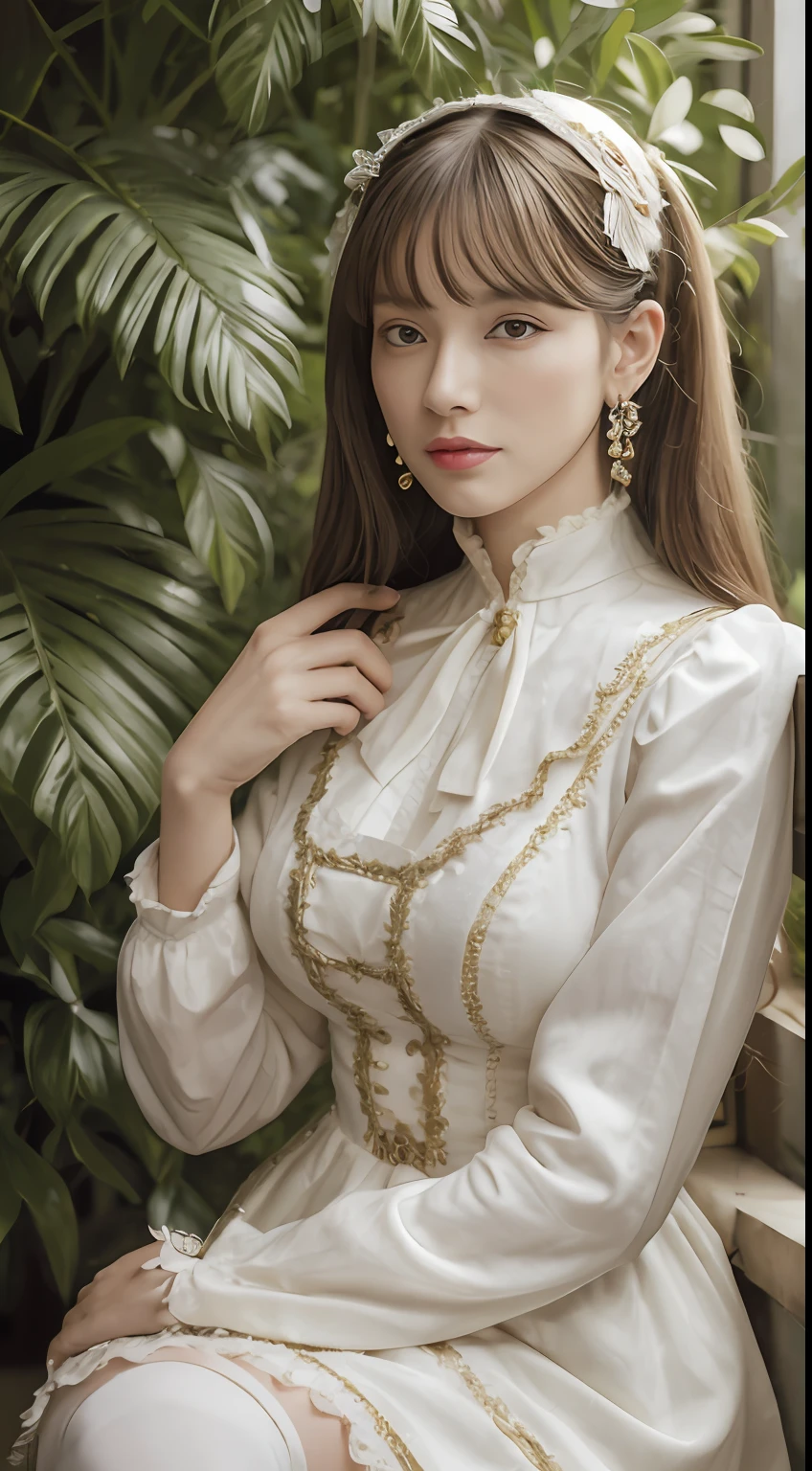 (tmasterpiece,best qualtiy,realisticlying:1.37),(From head to thighs:1.5)(Complex and sophisticated,Highly detailed skin and face),(Lolita costume:1.27), (Real picture, Intricate details, Depth of field,High neck clothes), parted lip, highly detailed, Perfect face, Perfect body, Large models,Mature woman, Tall, Long legs,Natural background bokeh,hyper HD, tmasterpiece, high high quality, high detal, A high resolution, k hd, 8K, Award-Awarded, Break, ultra-realistic realism, hentail realism, depth of fields, cinmatic lighting, The light from the back window is backlighted, 对称, Bokeh, f / 1.8, Eye level shots, 35mm, The is very detailed, astounding, finedetail, tmasterpiece, offcial art, absurderes, Incredibly Ridiculous res, hugefilesize, ultra - detailed, A high resolution, The is very detailed,