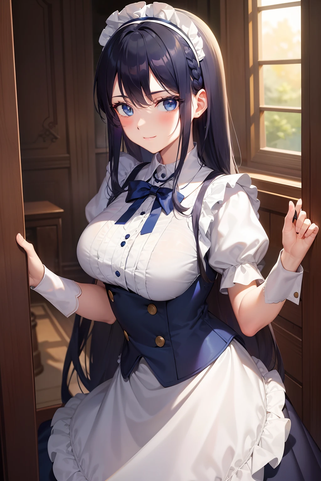 Antique Maid Uniform, dark blue hair, mid long hair, blue eyes, young adault, 22 years, beautiful face, light smile, castel backround