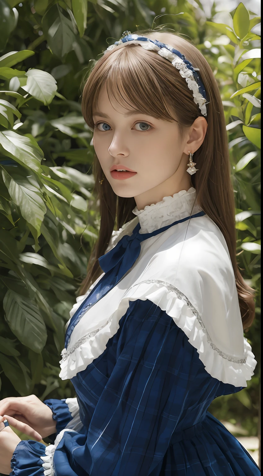 （tmasterpiece，best qualtiy，realisticlying：1.37），(From head to thighs:1.5)，（Complex and sophisticated，Highly detailed skin and face）,(Lolita costume:1.27)， (Real picture, Intricate details, Depth of field，High neck clothes),Blue eyes， parted lip, highly  detailed, Perfect face, Perfect body, Large models,Mature woman, Tall, Long legs,Natural background bokeh，hyper HD， tmasterpiece， high high quality， high detal， A high resolution， k hd， 8K， Award-Awarded， Break， ultra-realistic realism， hentail realism， depth of fields， cinmatic lighting， The light from the back window is backlighted， 对称， Bokeh， f / 1.8， Eye level shots， 35mm， The is very detailed， astounding， finedetail， tmasterpiece， offcial art， absurderes， Incredibly Ridiculous res， hugefilesize， ultra - detailed， A high resolution， The is very detailed，