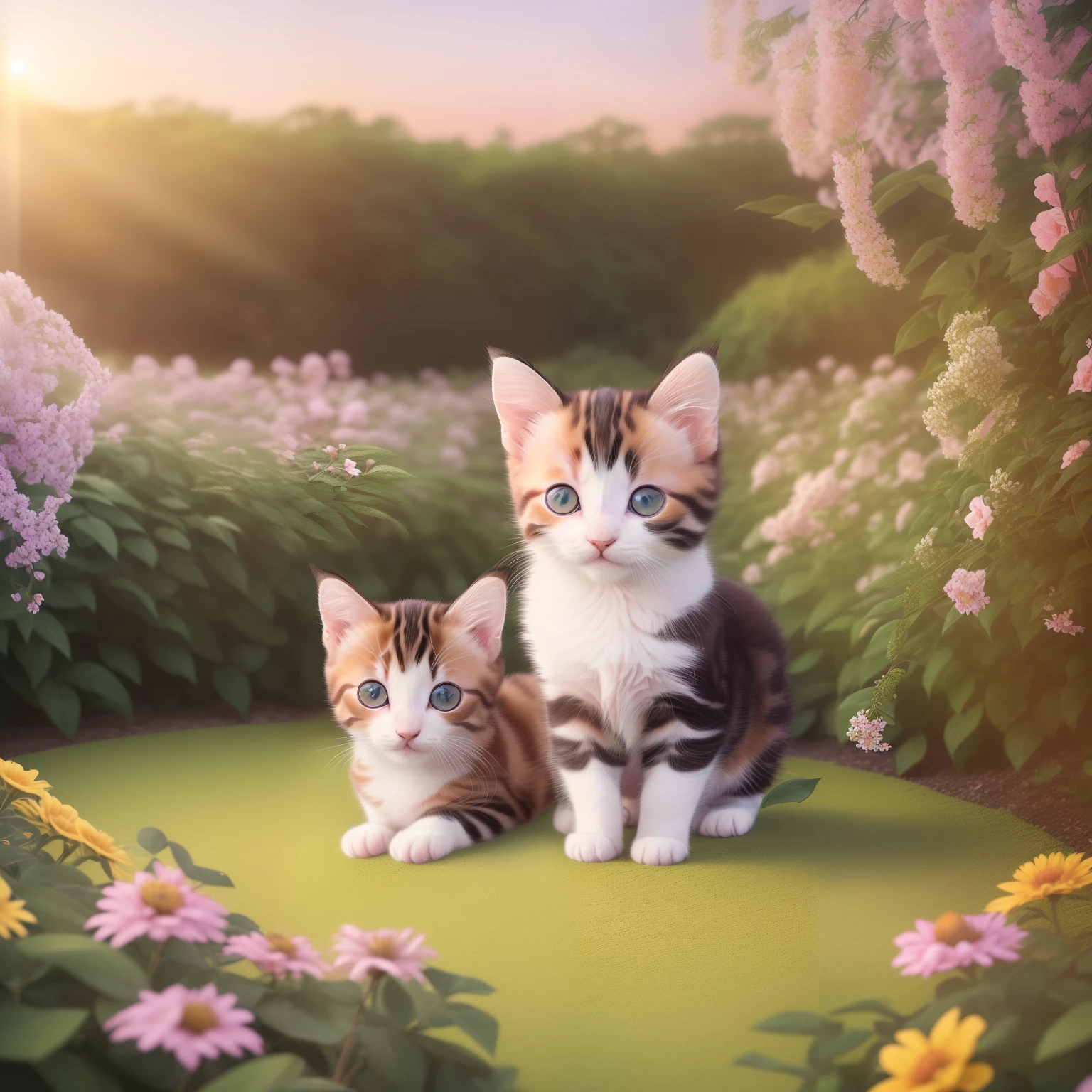 (A hyper-realistic)、(Raw photo)、(illustratio)、(hight resolution)、(8K)、(ighly detailed、(A kitten)、(calico cat)、(1animal)、Drive through the flower garden、Dawn background、Soft lighting from the top right、roundly eyes