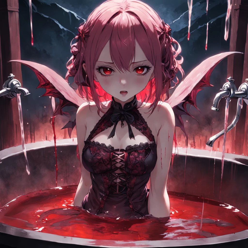 masterpiece Gothic Vampire doll, bath in blood, blood sparks, pycho laugh, detailed and intrincicate, hd