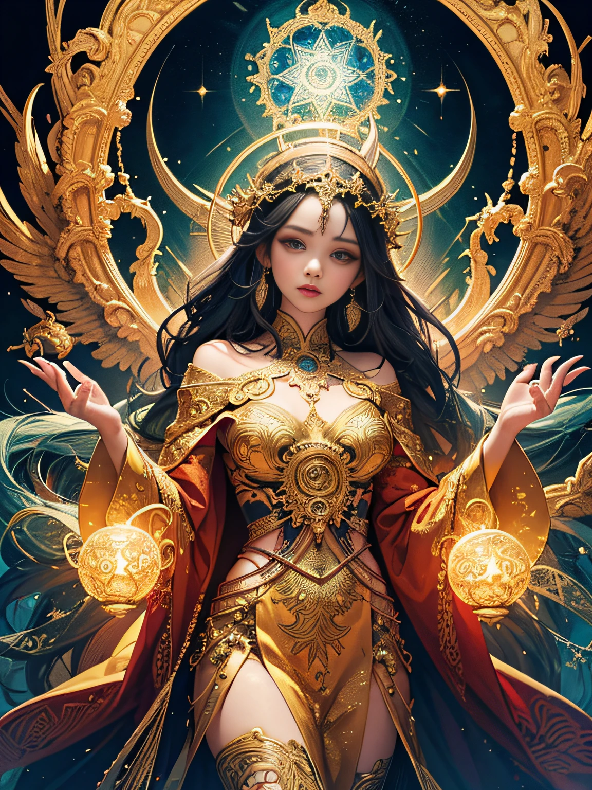 surrealism, conceptual art, classicism, back lit lighting, full bloom, Optical illusion, wide angle full body, in a panoramic view, Ultra-wide angle full body，projected inset, hyper HD, Masterpiece, Textured skin, Super detail, High quality, Award-Awarded，It has a large golden flower on it, enlightening. Intricate, full bodyesbian, The goddess of the sun who blesses the masses, Flying，Extremely detailed full-body shot of the goddess, the solarpunk phoenix, Symmetrical epic fantasy art, unreal engine rendered, Goddess of Light, gold ethereal light, ethereal angelic being of light, art nouveau octane render, intricate ornate anime cgi style