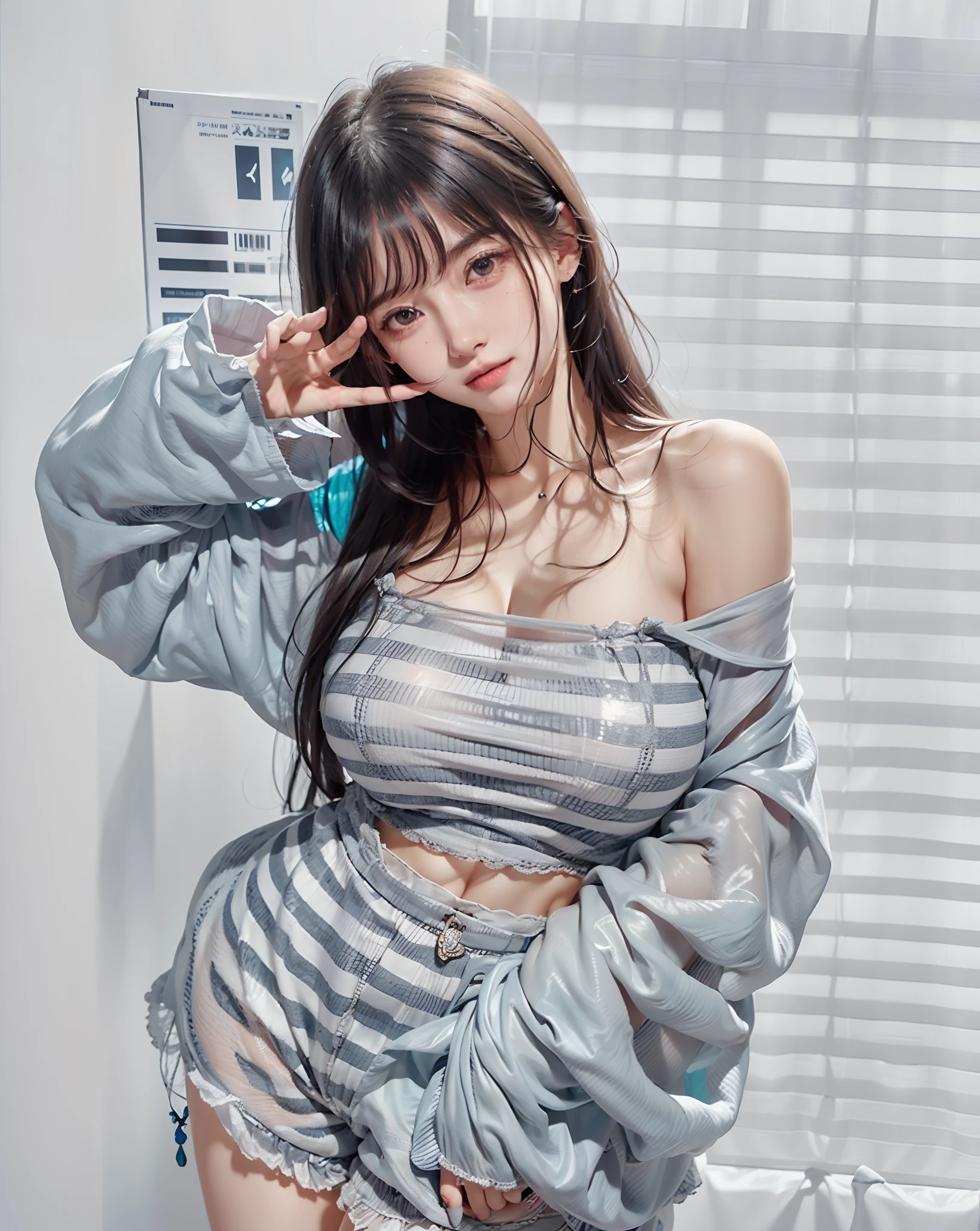 Woman posing for photo in striped top and shorts, Korean girl, Sexy girl,, Open V chest clothes, Attractive girl, , Good young girl, 2 4 year old female model, offcial art，统一 8k 壁纸，（（Hyper-realistic）（ultra-realistic realism））,（。.。.。.3D）,ultra - detailed，Beauty and aesthetics，tmasterpiece，best qualtiy，（zentangle，Tangled，entangle），（s fractal art：0.5），（Full body character design，full bodyesbian：0.3），Detailed eyes,（Delicate skin，Diffuse of skin pores，big breasts exposed cleavage