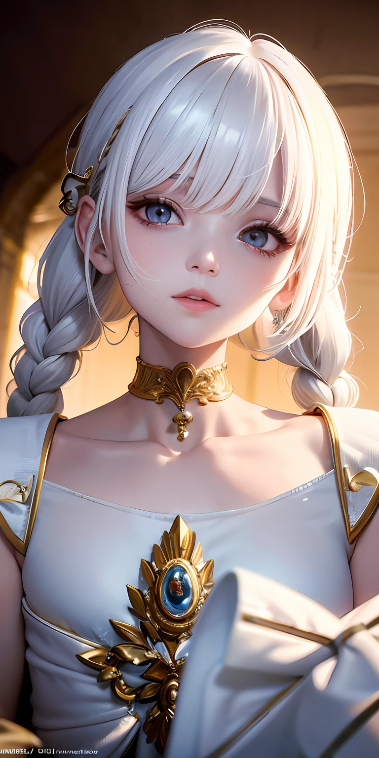 best quality, white hair, gold eyes, white clothes, looking up, upper body, hair strand, Fair skin, She is surprised