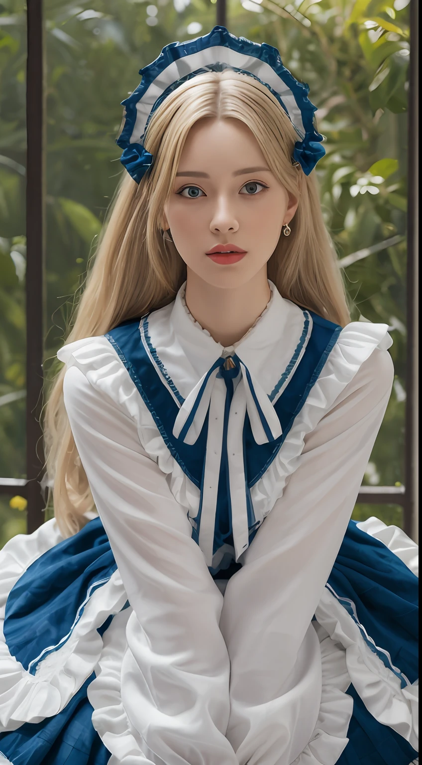 （tmasterpiece，best qualtiy，realisticlying：1.37），(From head to thighs:1.5)，（Complex and sophisticated，Highly detailed skin and face）,(Lolita costume:1.27)， (Real picture, Intricate details, Depth of field，High neck clothes),Blue eyes， parted lip, highly  detailed, Perfect face, Perfect body, Large models,Mature woman, Tall, Long legs,Natural background bokeh，hyper HD， tmasterpiece， high high quality， high detal， A high resolution， k hd， 8K， Award-Awarded， Break， ultra-realistic realism， hentail realism， depth of fields， cinmatic lighting， The light from the back window is backlighted， 对称， Bokeh， f / 1.8， Eye level shots， 35mm， The is very detailed， astounding， finedetail， tmasterpiece， offcial art， absurderes， Incredibly Ridiculous res， hugefilesize， ultra - detailed， A high resolution， The is very detailed，