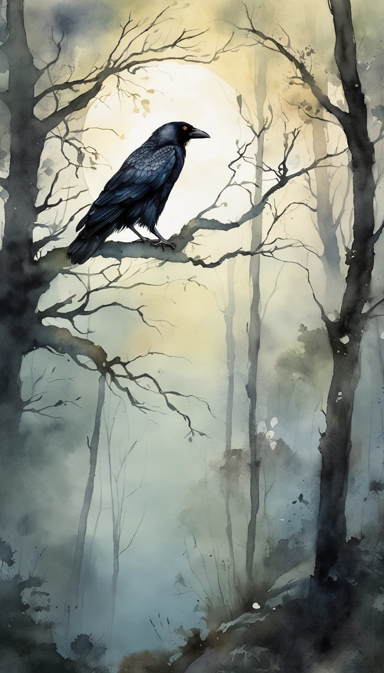A majestic crow perches gracefully on a moss-covered tree branch in a moonlit forest, surrounded by ethereal beams of silver moonlight filtering through the canopy, conveying a sense of tranquility and mystery. Moody and atmospheric with a touch of fantasy, captured with a vintage film camera, soft focus, and dreamlike color palette.