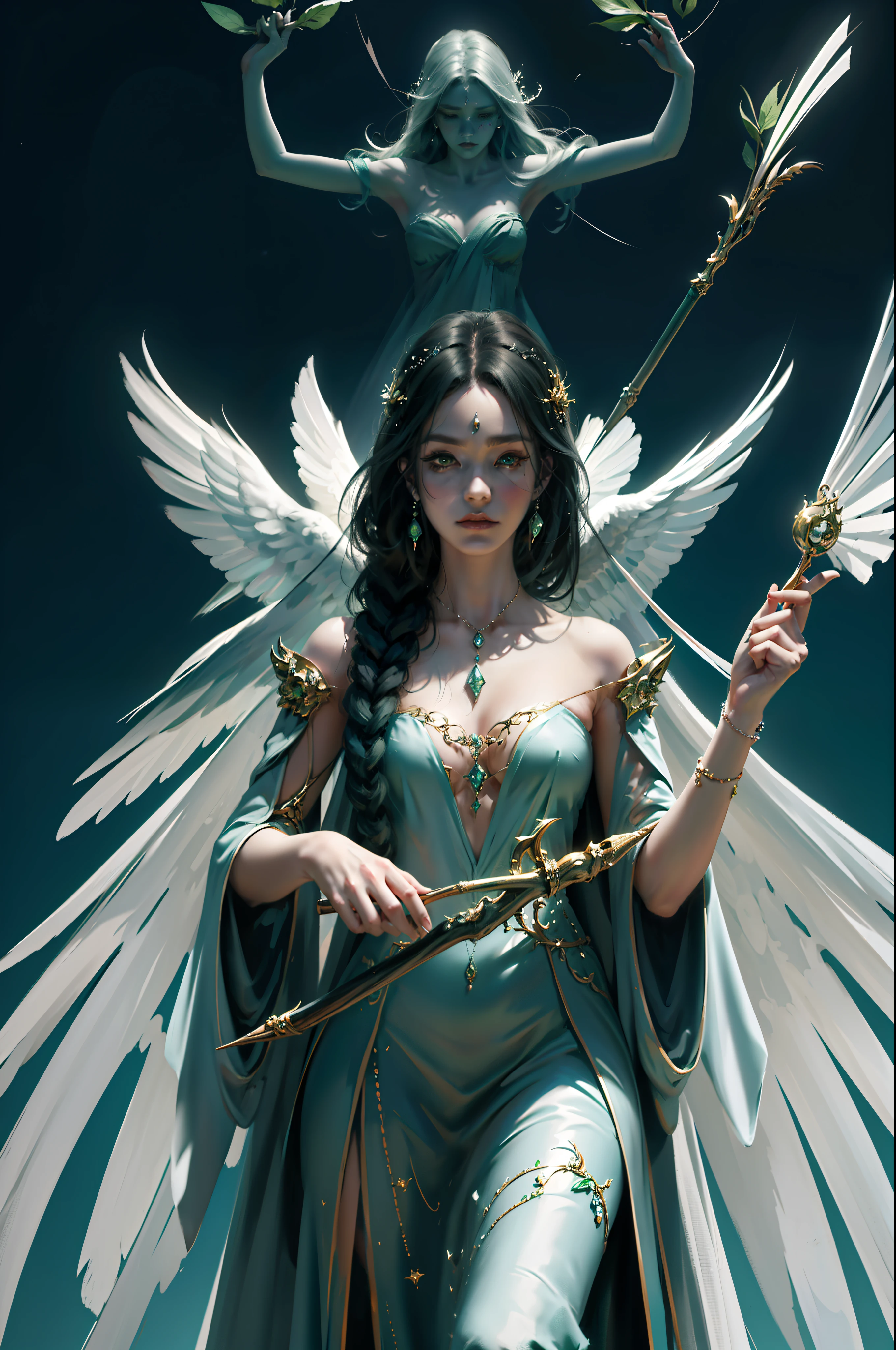 goddess of nature,Holy Spirit,green long hair,Hold the staff in your hand,hauntingly beautiful art,Monochrome performance,C4D ray tracing,Very Beautiful Digital Art, stunning digital art, Exquisite digital illustration,