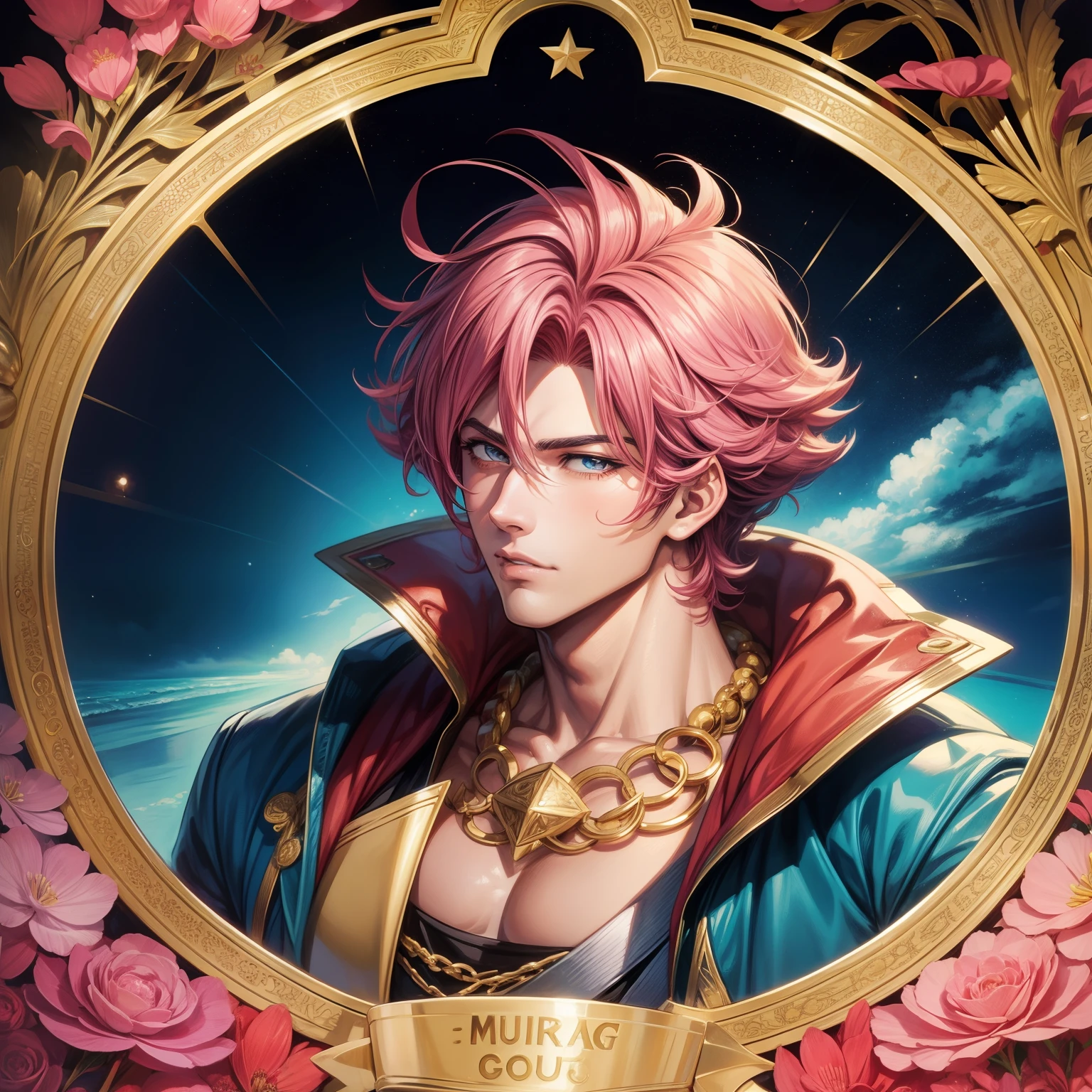 80s anime, young handsome male, muscle, pink hair, astrology background scenario, gold jewelry, tarot