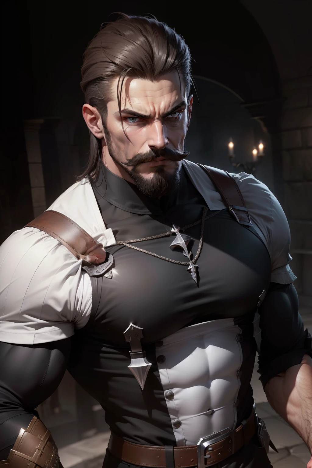 (haut qualite) , arriere plan de guerre,homme grand, moustache noir , Harmoniously muscular , pas de visage, pas de yeux,pas de bouche,White head, cheveux noir, bras gauche coupe aux niveau du biceps ,habit noir ,habit moulant, evil